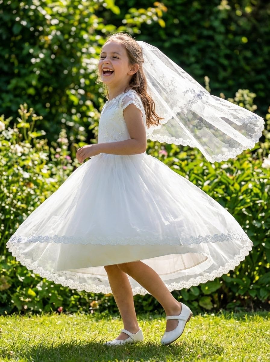 LalaMira Girls White Lace First Communion Dress with Veil - Tulle Flower Girl Dress with Pearl Button Back & Satin Bow