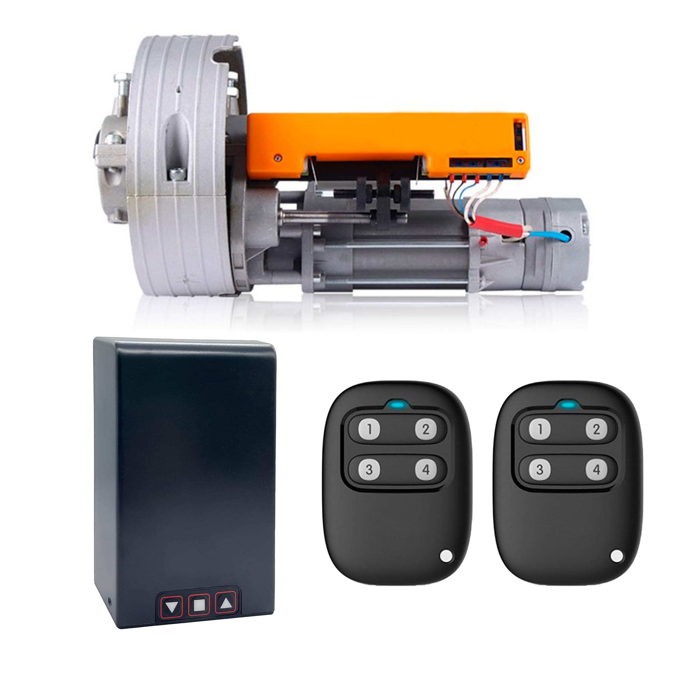 DOMO-MATIC Kit Motor para Puerta Enrollable y Persiana Metálica hasta 160kg, con Cuadro de Maniobras y 2 Mandos a Distancia