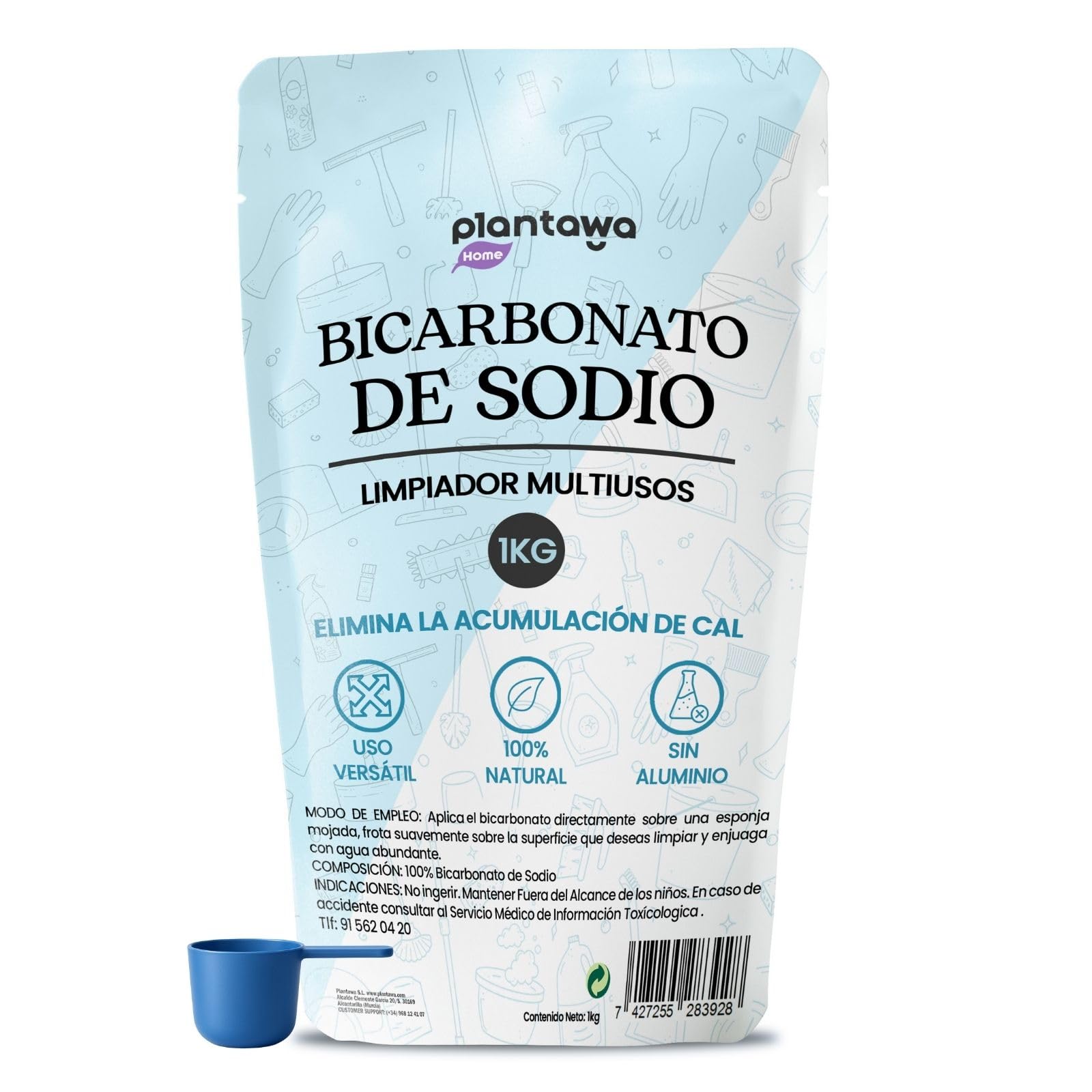 PLANTAWA Bicarbonato de Sodio 1kg Doypack | Polvo Multiusos para Limpieza del Hogar | Cierre Resellable | Alta Solubilidad | Bicarbonato Sódico Puro | Baking Soda Limpieza