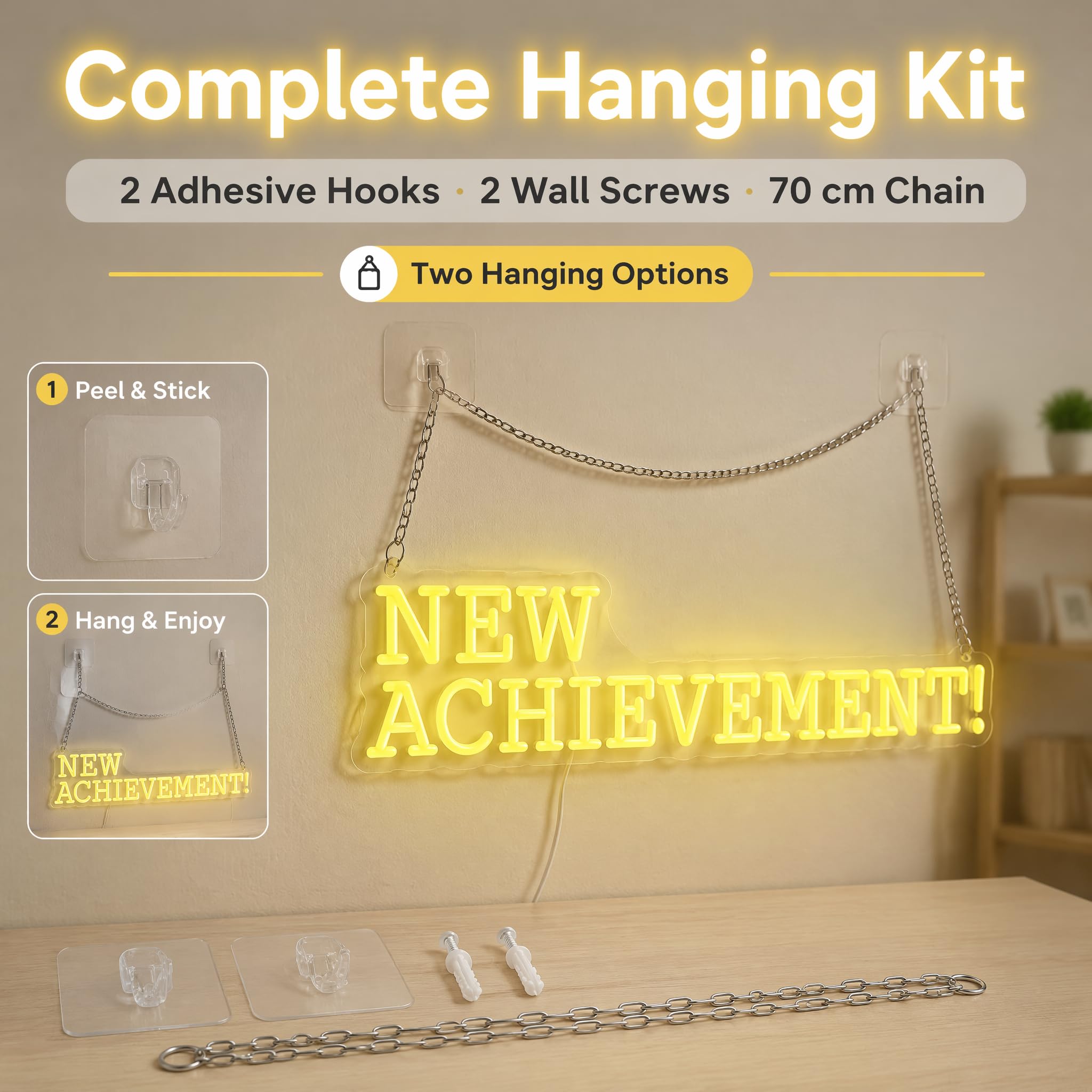 Targa al neon con scritta "NEW ACHIEVEMENT!", 45 x 15,2 cm, decorazione da parete a LED gialla, con retro in acrilico, alimentata tramite USB, per la stanza dei videogiochi, per la camera da letto e