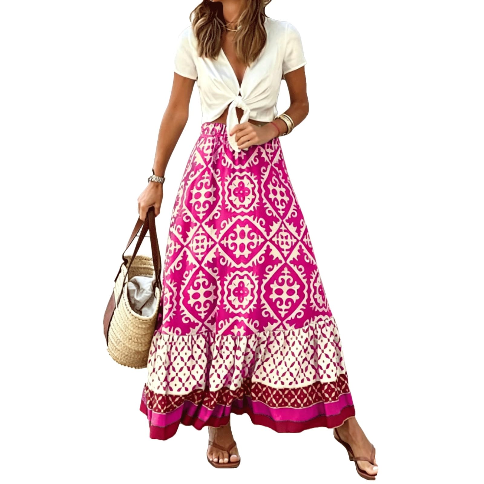 UYHBCNQD Printed Midi Long Skirt Full Women's Maxi Skirts High Elastic Waisted(Rot,Lagre)