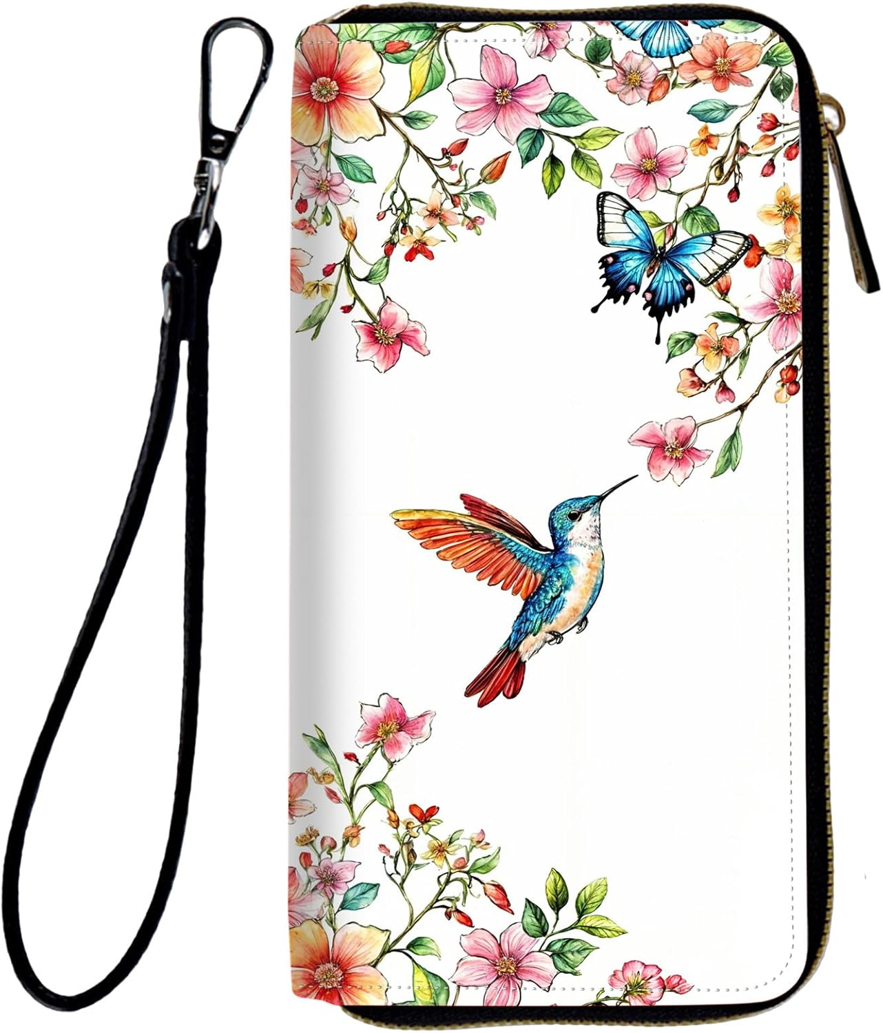 Womens Wallet, PU Leather Zipper Wallet Large Capacity RFID Wallets for Women with Multiple Card Slots & Wristlet, Small Women Wallet Coin Pocket for Men Clutch Travel Purse, Flower Bird