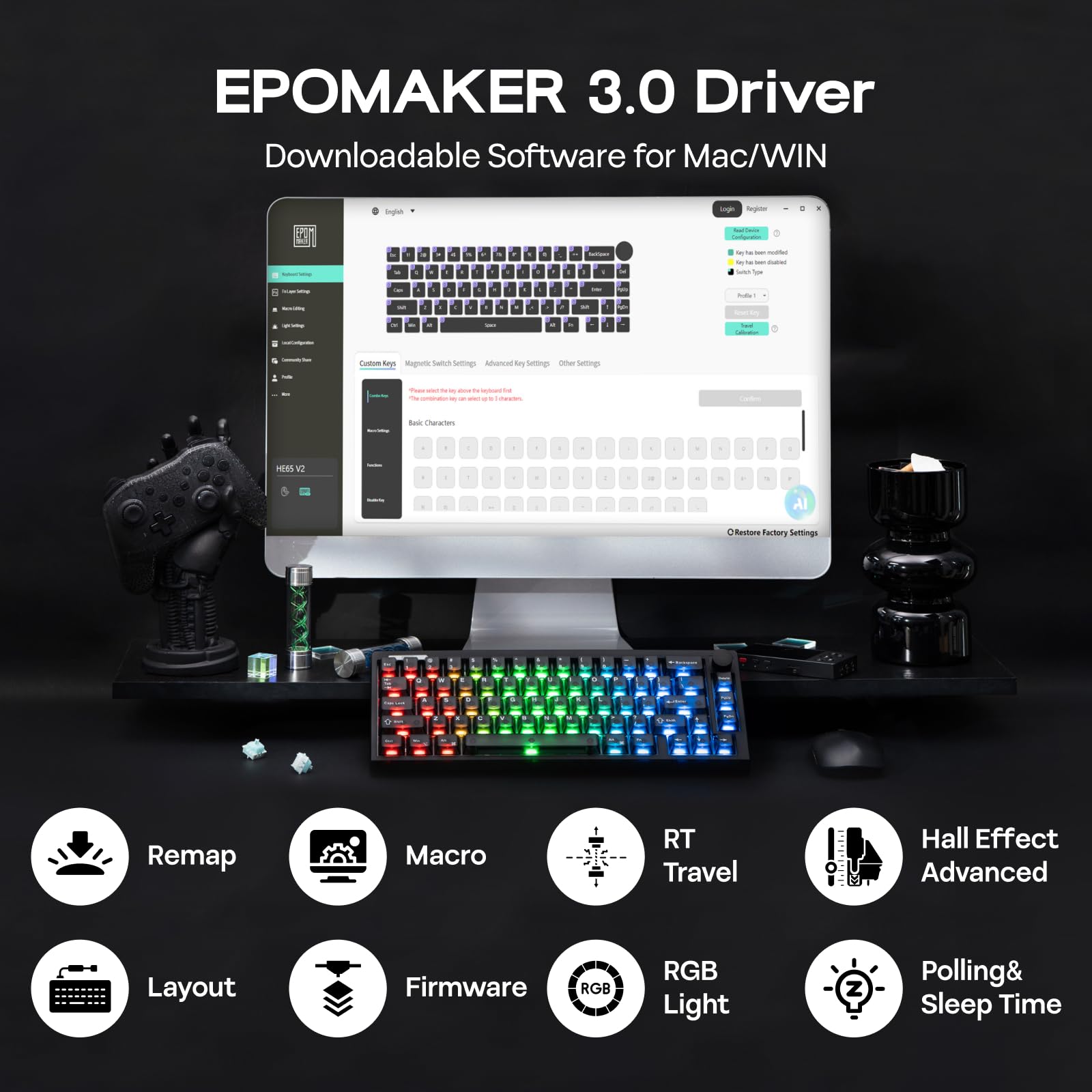 EPOMAKER HE65 V2 Tastiera da Gaming a Effetto Hall TMR con Manopola Volume | Trigger Rapido, Polling 8K, Attuazione Regolabile 0.01mm, Hot-Swap Ibrida, Cremosa e Thocky, 2.4Ghz/BT per Mac/WIN (Nero)