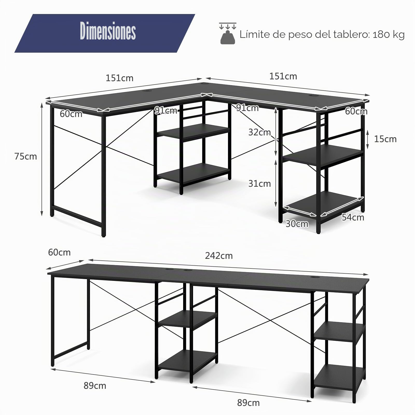 GOPLUS - Escritorio Industrial de Esquina Con Estantes de Almacenamiento, de Madera de 29 m Para 2 Personas, Grande Para Ordenador de Juegos Con Estación