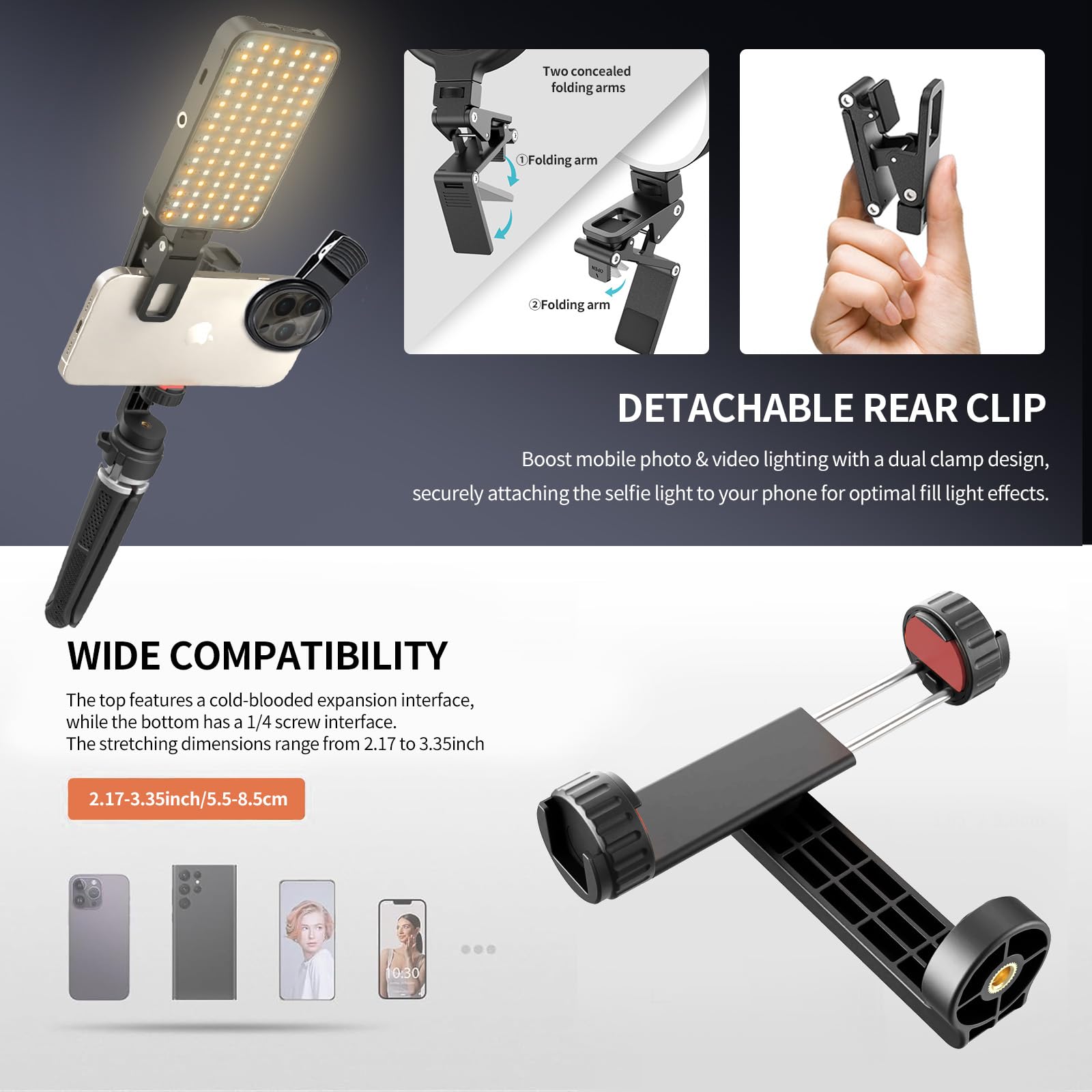 Lampa LED do selfie i tatuażu z soczewką filtrującą CPL 52 mm, obracany o 360°, klips do tatuażu, statyw / uchwyt na telefon, wypełnienie oświetlenia, usuwanie odbicia dla sztuki, żywności, biżuterii