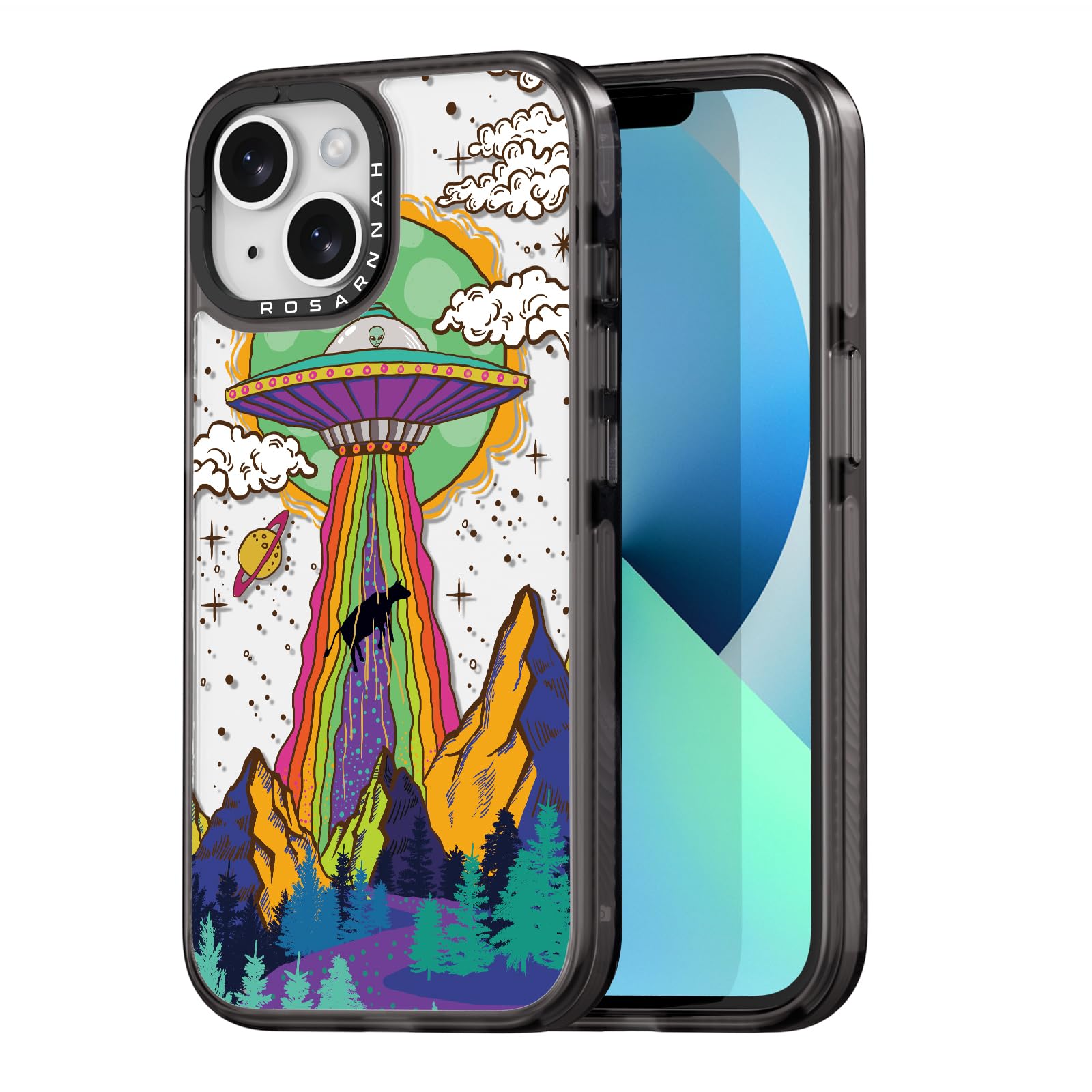 Rosarnnah Compatible for iPhone 13 Case Cute Aesthetic - Durable Shockproof 6.6 ft Drop Impact Phone Case Cover with Funny Fashion UFO 6.1" Black