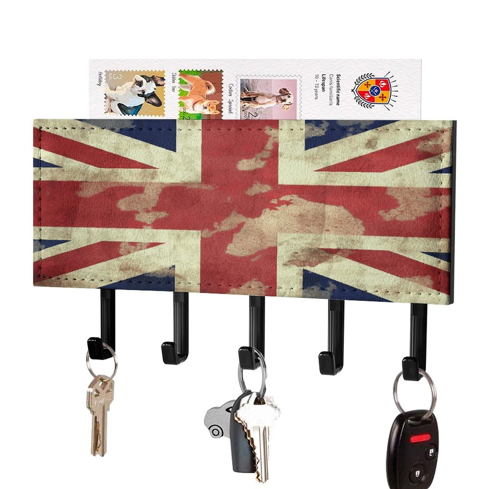 LDGSUPH Vintage Union Jack British Flag Key Holder Wall Mount Key Hanger with 5 Hooks Fashion Key Organizer Rack Hanging Key Hooks with Mail Organizer Key Rack for Home Entryway Hallway Black-Style