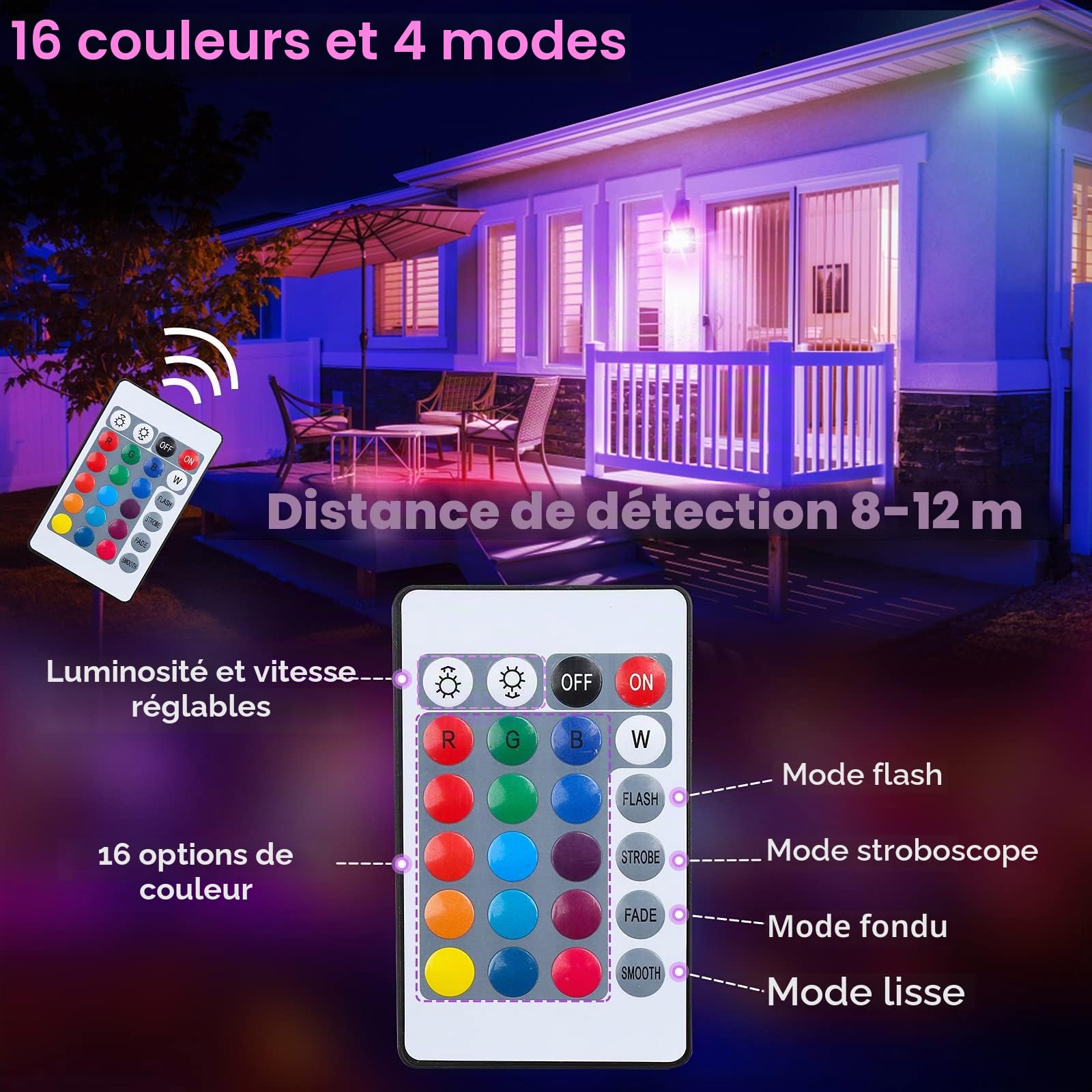 RGB Spot LED de Couleur, 50W Projecteur LED RGB Exterieur avec Télécommande, Projecteur LED Couleur Exterieur Interieur16 Couleurs 4 Modes, Fonction Mémoir (8 Pack, Pas de prise)
