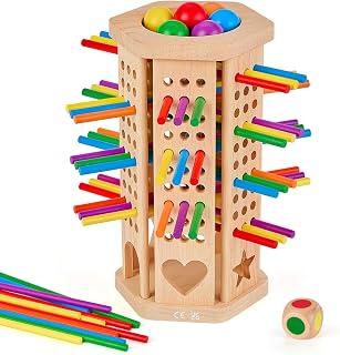 Montessori Spiel Brettspiel aus Holz ab 3 4 5 6 Jahre - 42 Stück Bunte Holzstäbchen & Würfel, Mathe Lernspiel und Feinmotorik Training, Familienspiel Reisespiel für Kinder