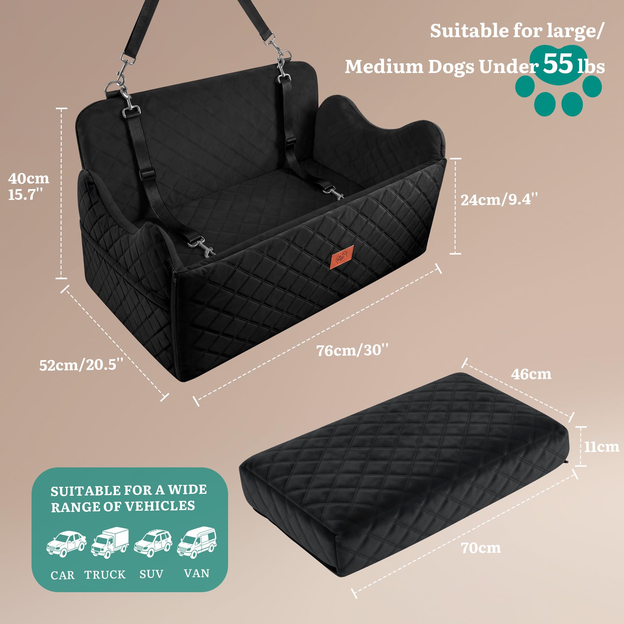 YITAHOME Hundesitz für große und mittelgroße Hunde,Reisebettb Haustiere mit Memory Schaumstoff unter 55 lbs Sitzhöhe 4,3",zwei seitliche Aufbewahrungstaschen, rutschfestes, 2 Sicherheitsgurte(Schwarz)