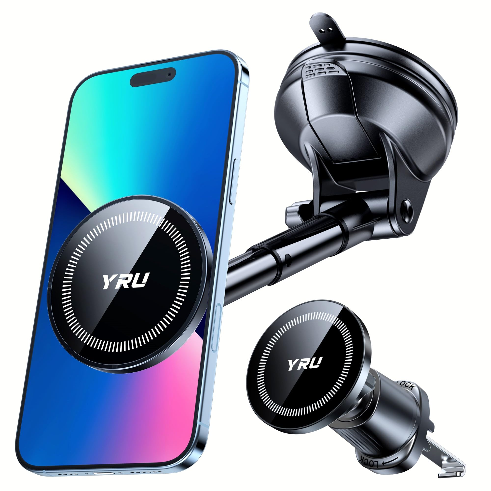 YRU [2025 Upgraded] Magnetic Phone Holder for Car【Patented & Super Magnet】 for MagSafe Car Mount Dashboard Magnet Phone Holder Windshield Phone Stand for iPhone 16 15 14 13 12 Pro Max Samsung, Black