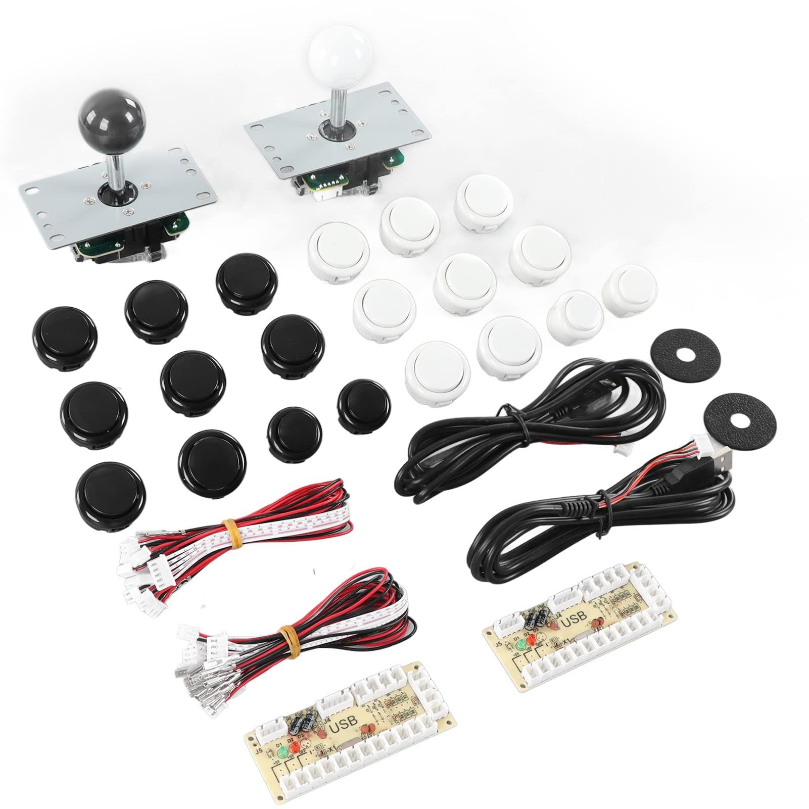 HERCHR 2 Giocatori Giochi Arcade Fai-da-Te Encoder Joystick Pulsanti Arcade Set 2 Maniglie Joystick Ovali Ellipse 20 Pulsanti Arcade(Nero+Bianco)