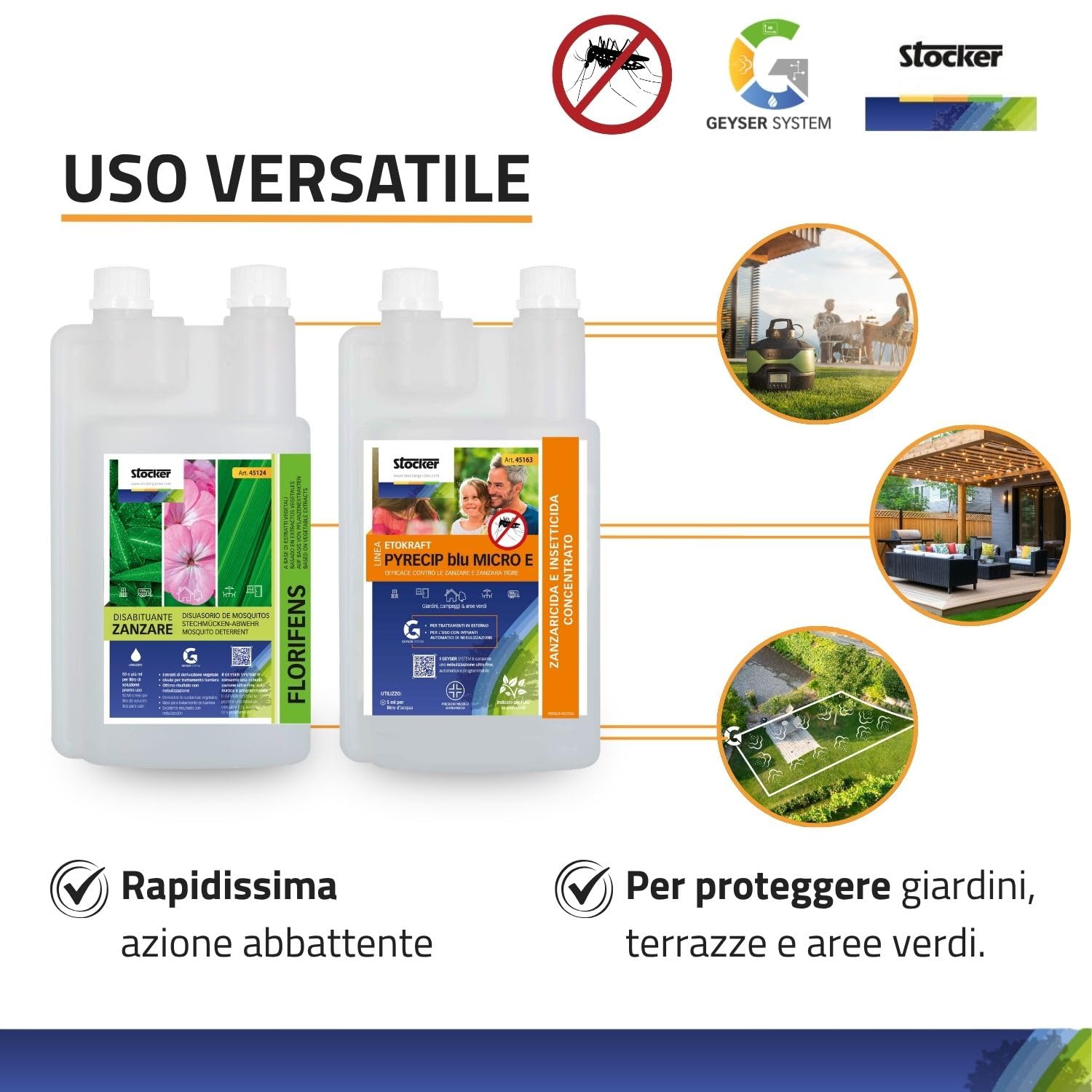 STOCKER - Kit Antizanzare Professionale 40004 1 L Zanzaricida Linea Etokraft Pyrecip Blu Micro E + 1 L Disabituante zanzare Florifens Barriera Vegetale - Trattamento per Aree Esterne e Giardino
