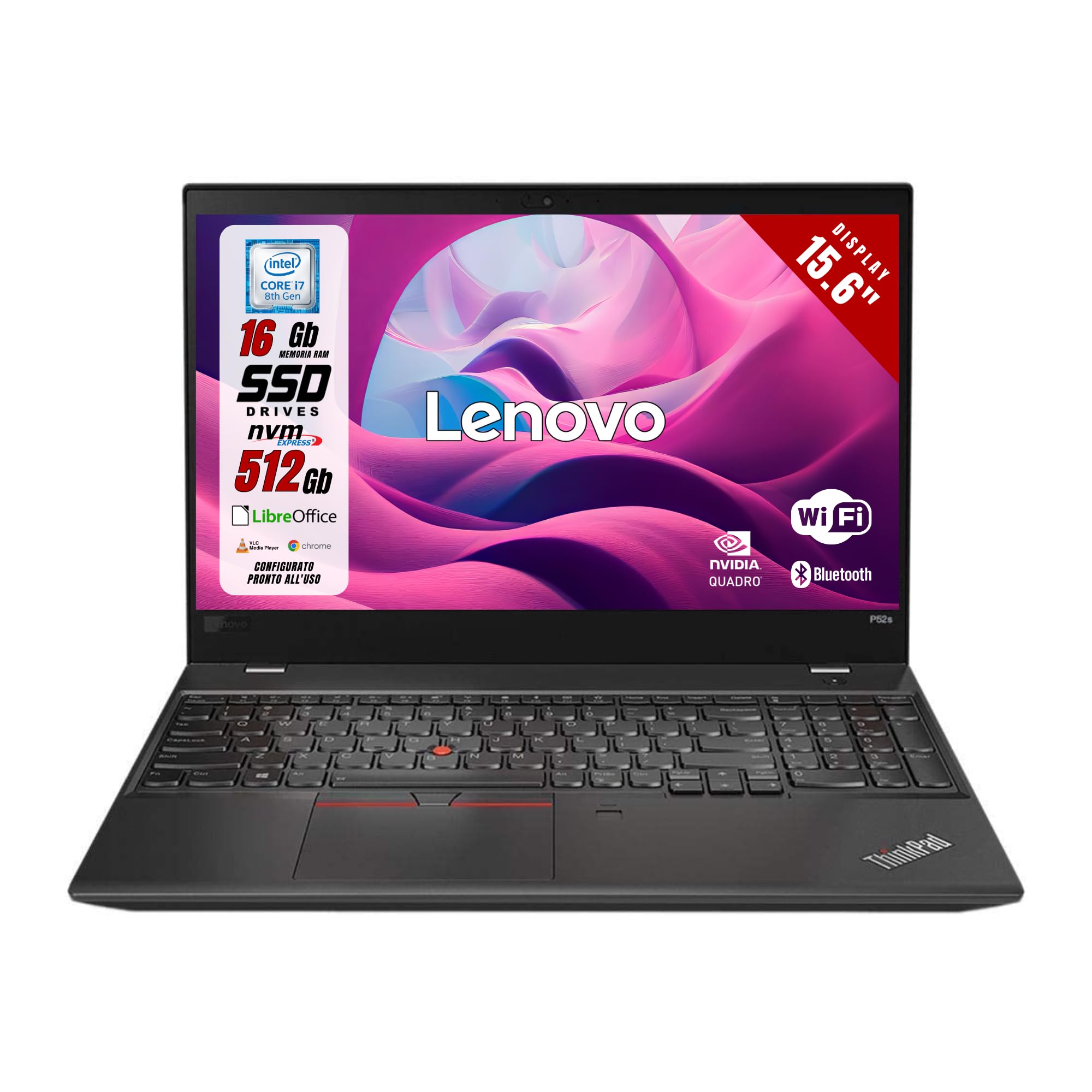 Lenovo ThinkPad, Pc Portatile Notebook Display 15,6 pollici 1920 x 1080 Full HD, Intel i7-8750H Ram 16Gb SSD 512Gb Win 11 GPU Quadro P1000 4Gb (Ricondizionato)