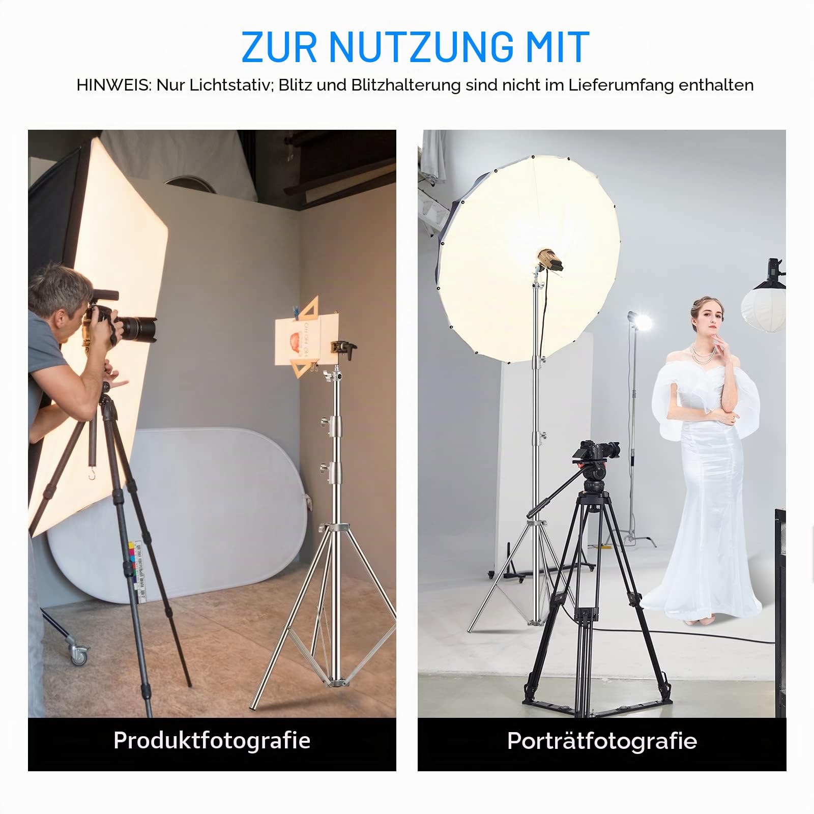 Edelstahl Lichtstativ 110"/2.8m, Federgedämpftes Heavy Duty Stativ mit 1/4" auf 3/8" Universal Adapter Einstellbarer Lichtständer für Fotografie Studio Softbox Reflektor Portrait, 2 Stück