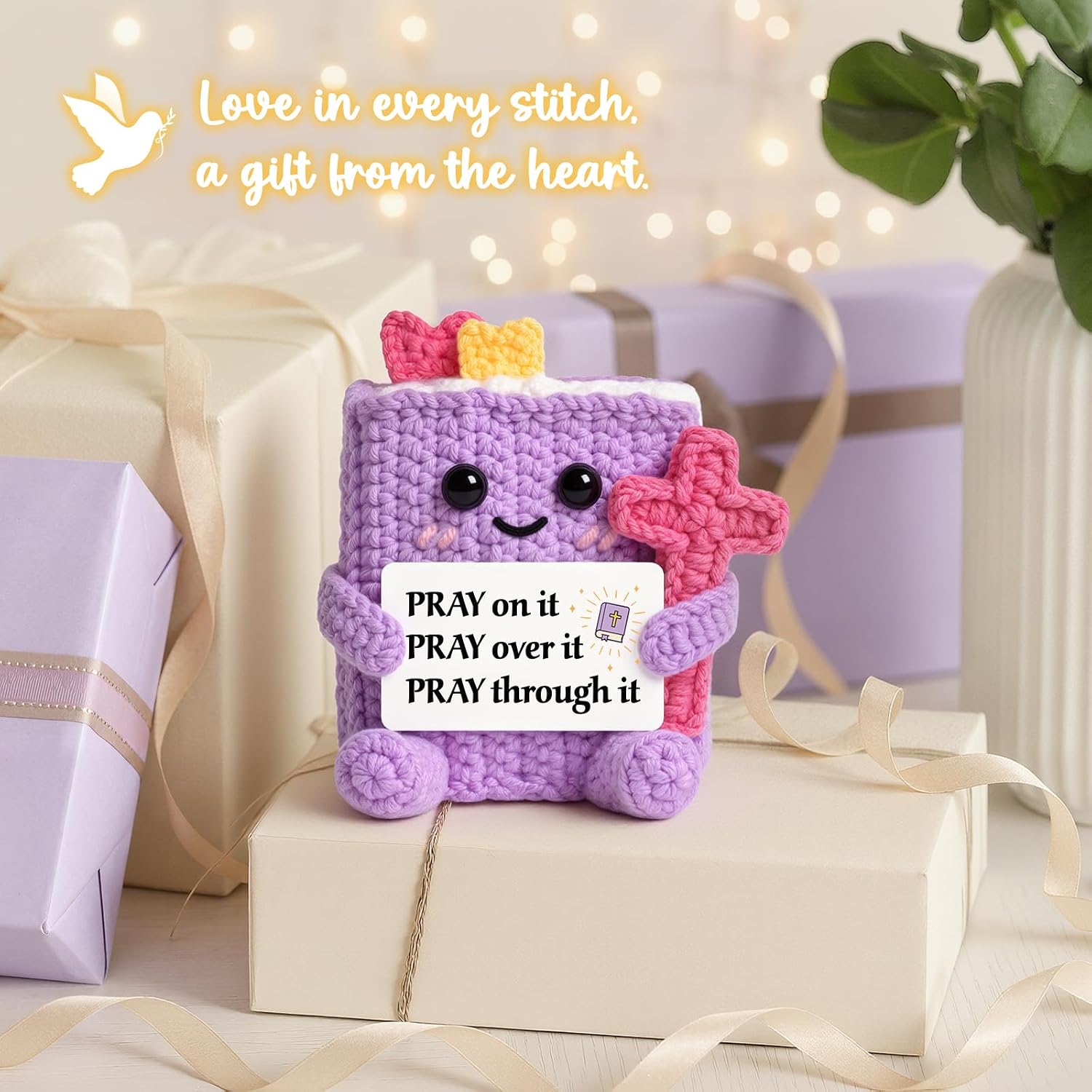 Aurahouse Christian Gifts for Women-Handmade Crochet Book with Cross & Card