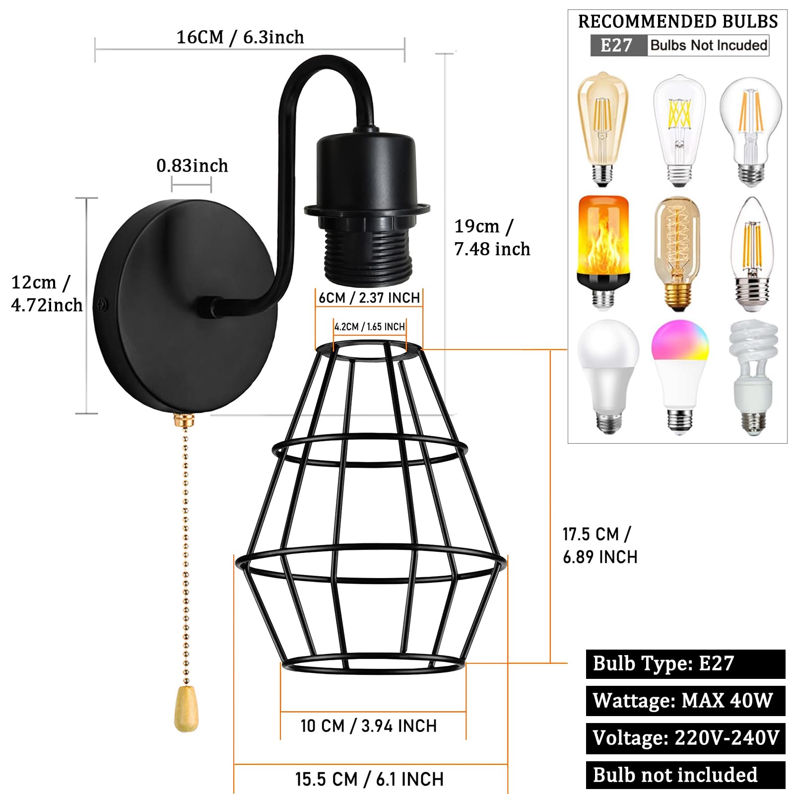 2 Stück Cage Wandlampe mit Schalter Retro