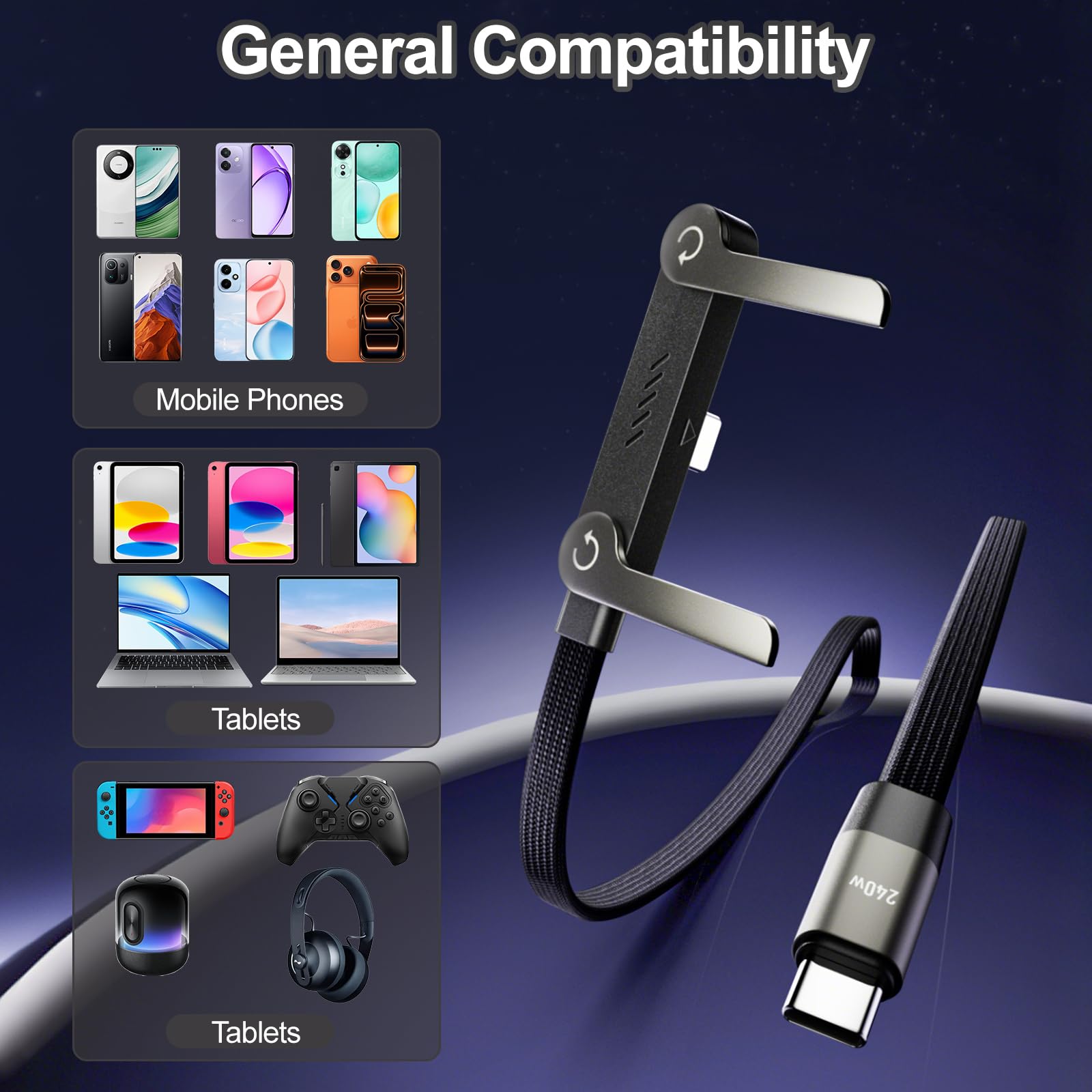 Noaya 2-in-1 Invisible Stand Charging Cable - 240W Fast Charging Cable, 4.9FT Multi Charger Cord with Type C, T-Shaped Foldable Stand for Smartphones,Tablets,Laptops(1PCS) Office Product 2512-02 - 3