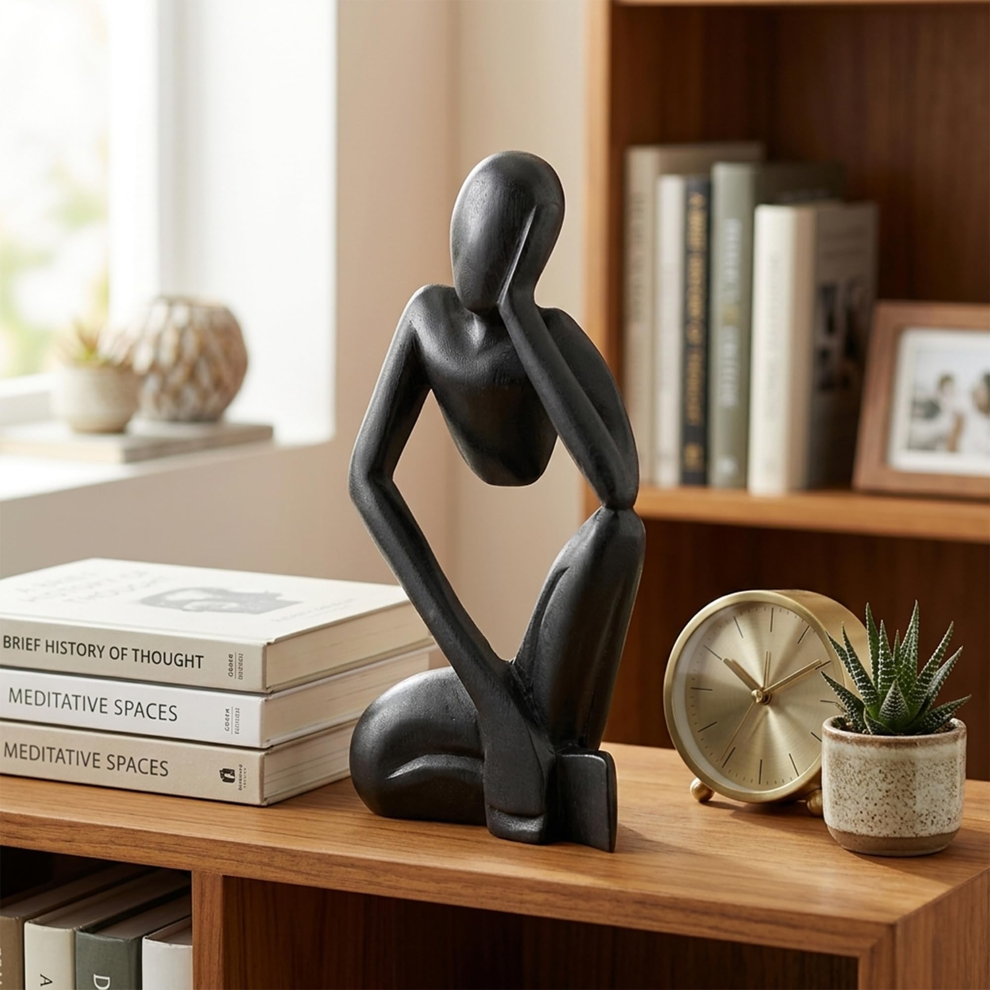 G6 COLLECTION 12" Abstract Sculpture Statue Wooden Handmade Handcrafted Art "Thinking Man" Home Decor (Black)