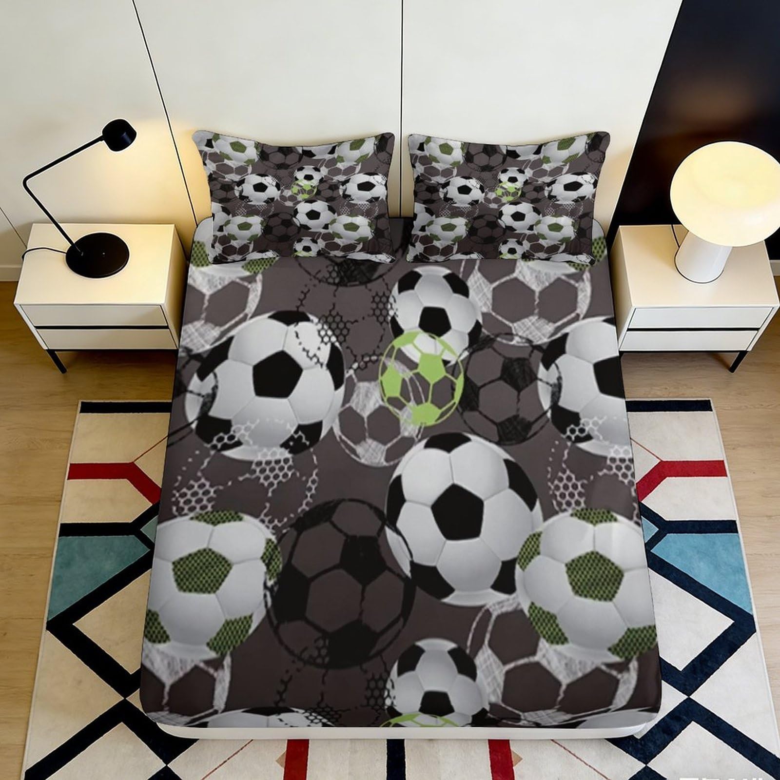 3D Printed Soccer Football Fitted Sheet Microfiber Non Slip Mattress Cover for Bedroom Guest Room Dorm Decorative Easy Care 90x200x25cm
