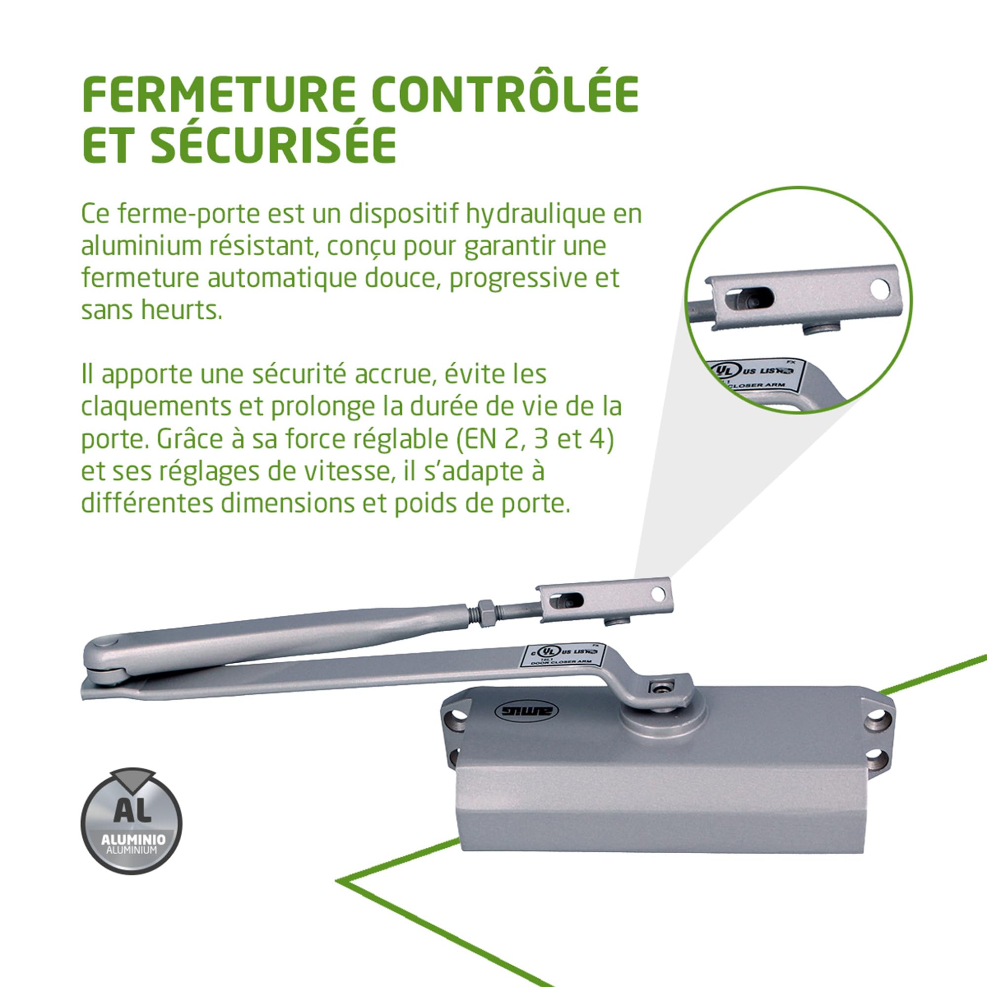 Amig - Ferme-porte automatique pour portes d'un poids maximal de 40 kg et d'une largeur maximale de 85 cm - Avec rétention | En aluminium argenté | Évite les accidents | Vis incluses
