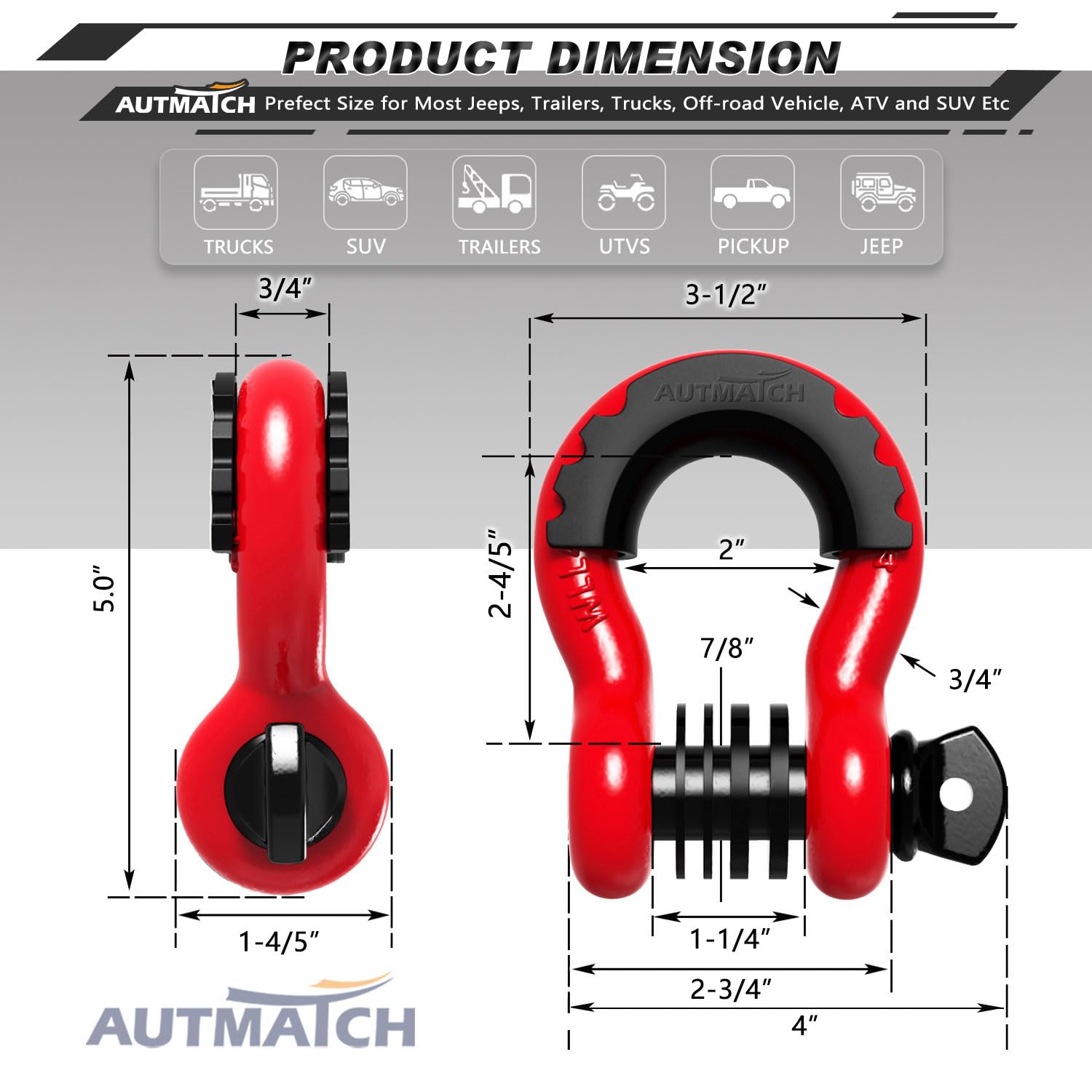AUTMATCH Szekla D Ring 3/4" (2 szt.) 100 kg wytrzymałość na zerwanie z trzpieniem śrubowym 7/8" i podkładkami izolatora szekla do wyciągarki pasów holowniczych do odzyskiwania pojazdów terenowych czerwona i czarna