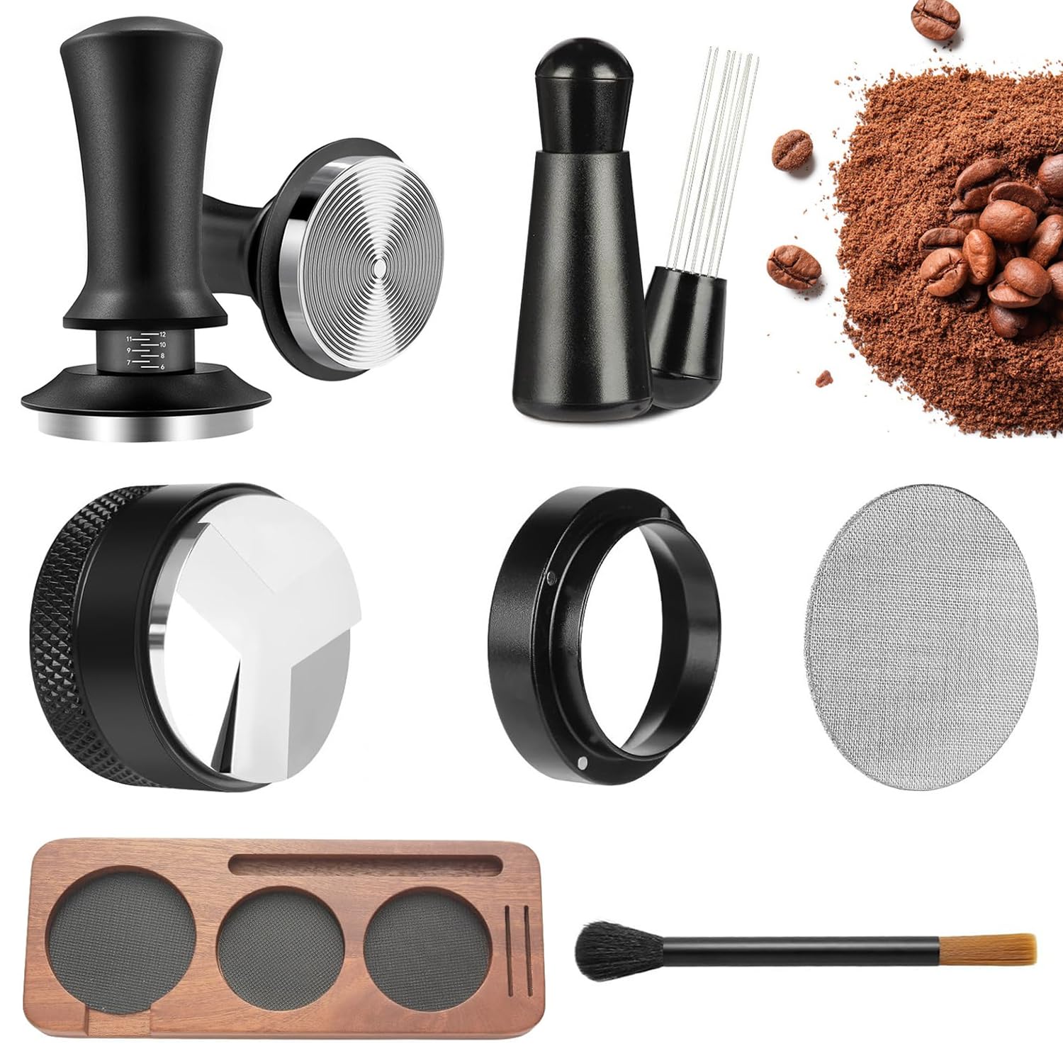 Juego de prensos, 51 mm con estación de prensado, 7 piezas, juego de accesorios con prensador de café con distribuidor, anillo dosificador, cepillo de limpieza, pantalla de disco, prensador de café