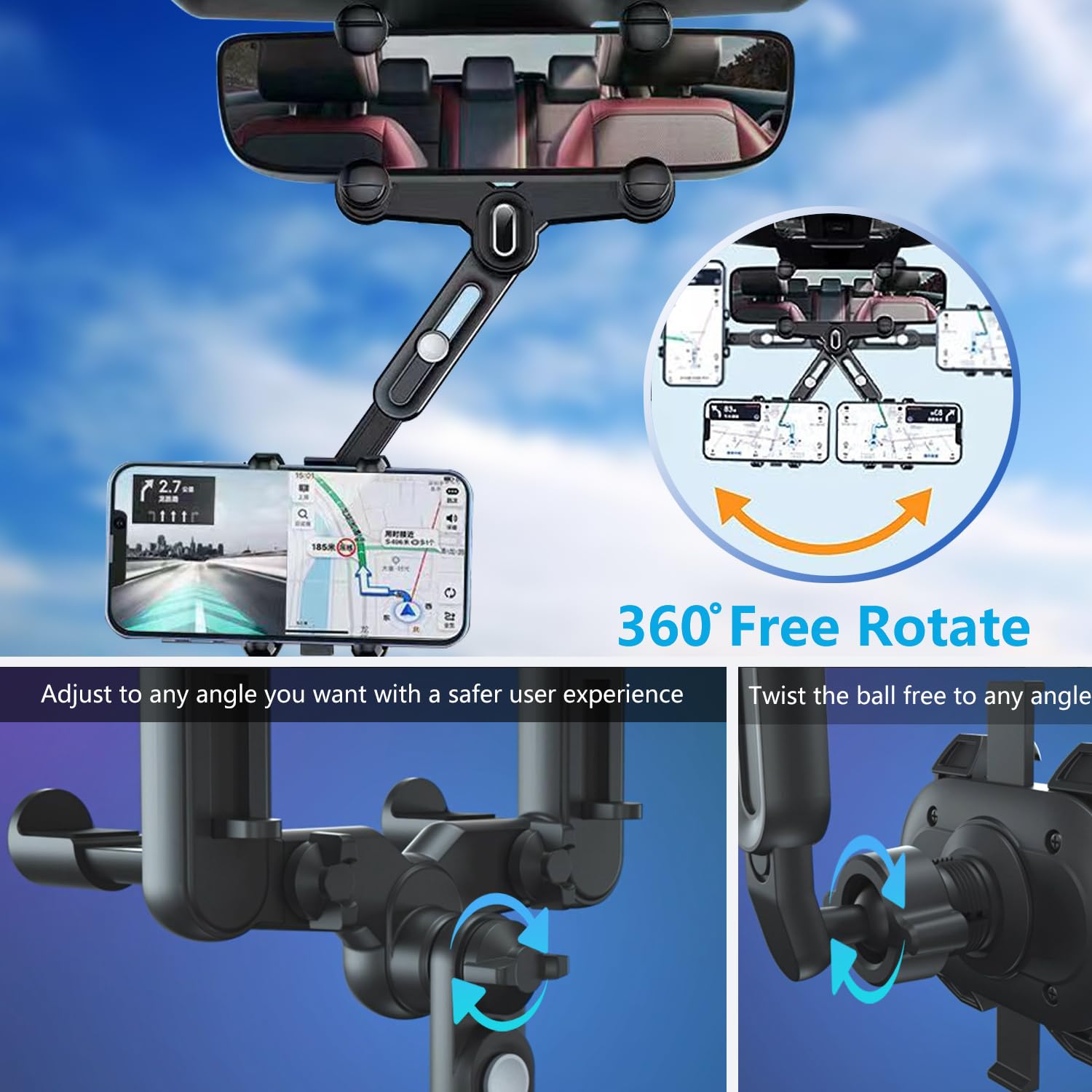 PKYAA Soporte de teléfono para espejo retrovisor para coche, soporte giratorio de 360° con longitud de brazo ajustable, cuatro esquinas mejoradas, diseño multifuncional fijo antivibración para todos