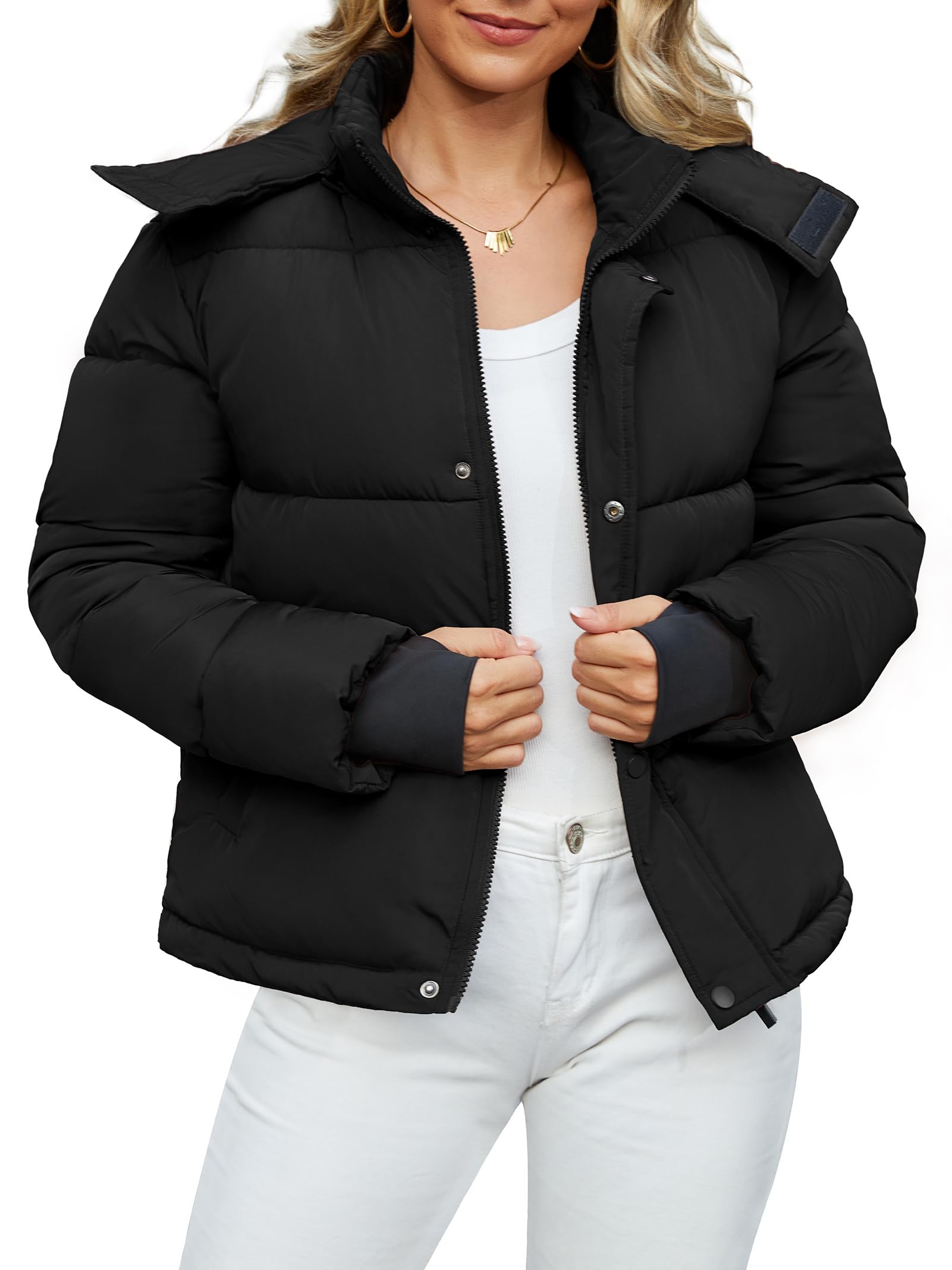 Funlingo Womens Cropped Puffer Jacket with Removable Hood Winter Zip Up Snap Button Warm Trendy Quilted Coat