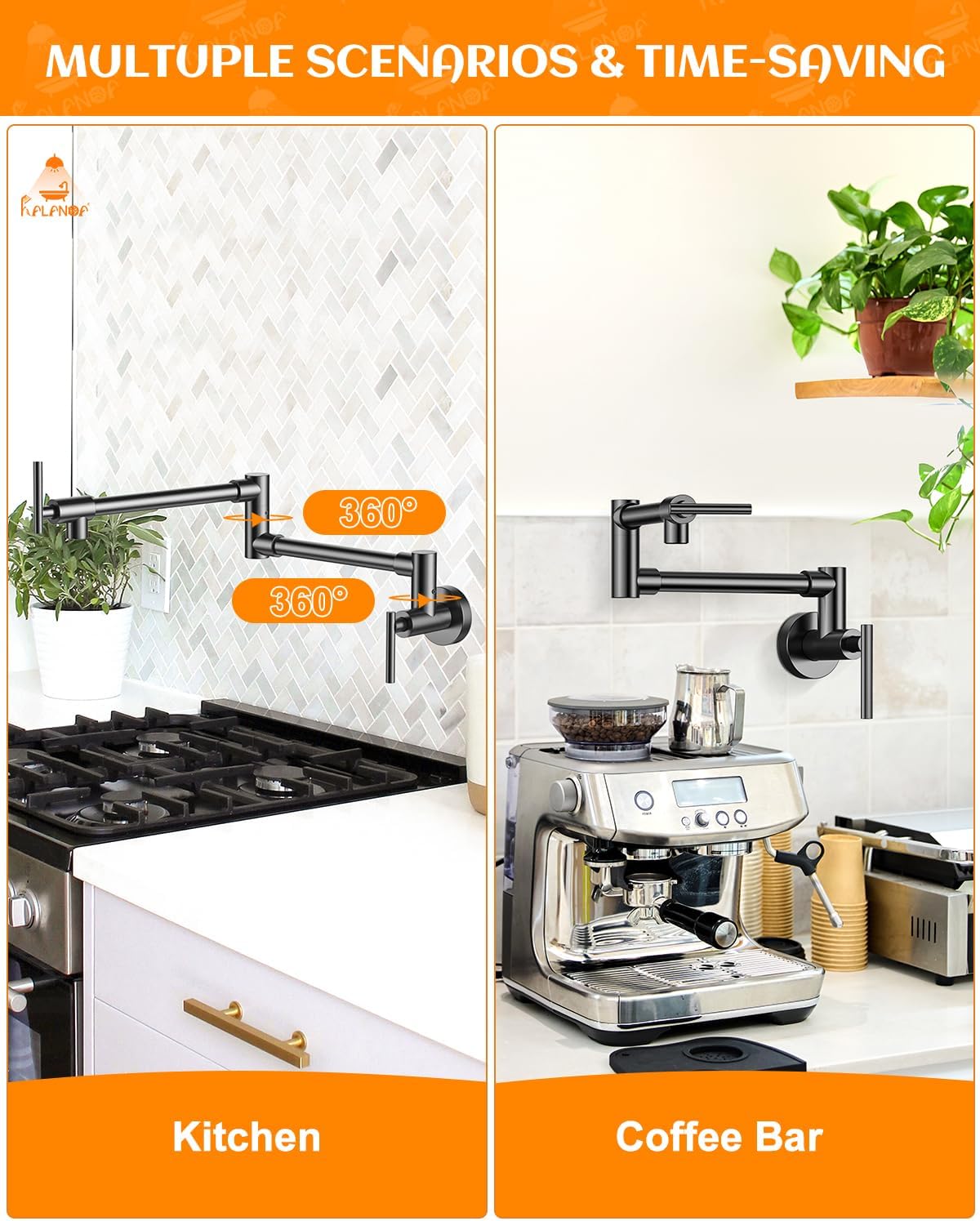 Pot Filler, Pot Filler Faucet Wall Mount, Metal Folding Stretchable with Double Joint Swing Arm Single Hole Two Handles Kitchen Restaurant (Matte Black)