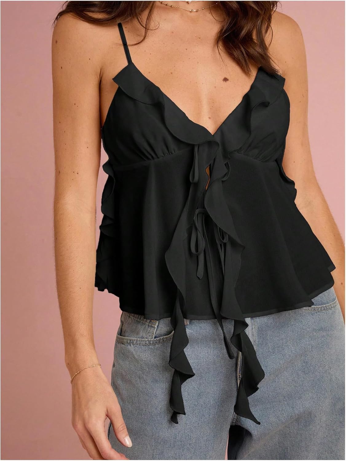 Floerns Women's Spaghetti Strap V Neck Top Sleeveless Ruffle Trim Summer Going Out Cami Tops - Image 5