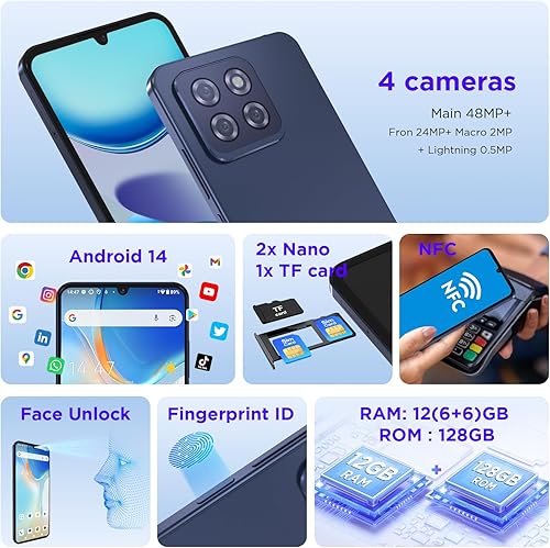 Miniatura 4 de CWOWDEFU Teléfono celular desbloqueado Android 14 2025, teléfono móvil expandible de 12 GB+128 GB sin contrato, Octa Core 6.75 "HD+pantalla