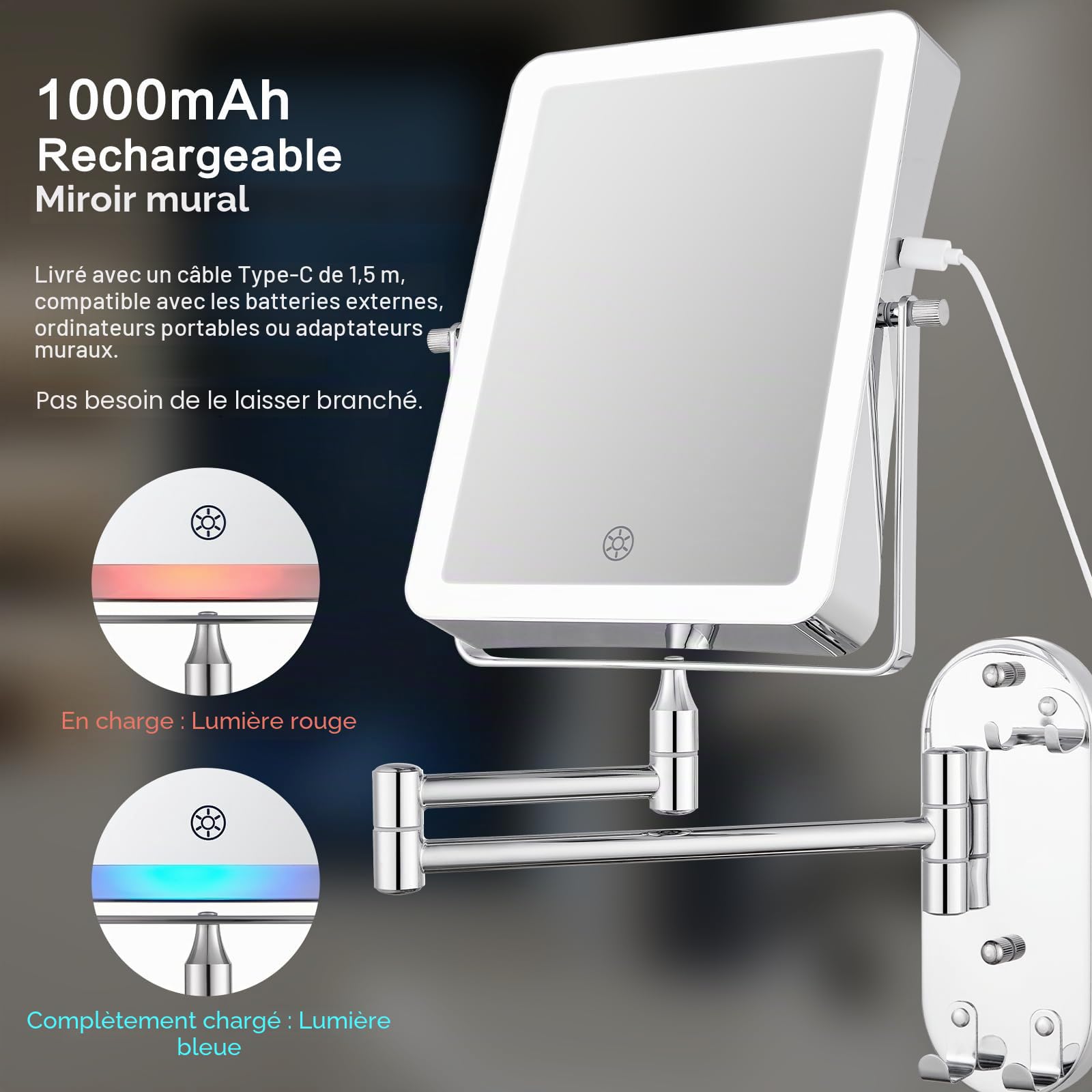 Miroir Maquillage Lumineux Rechargeable, Miroir Salle de Bain avec Éclairage 3 Couleurs, Miroir LED Grossissant 7X Mural, Rotatif à 360° et Extensible(AMZ-NHZJ2323-EU)