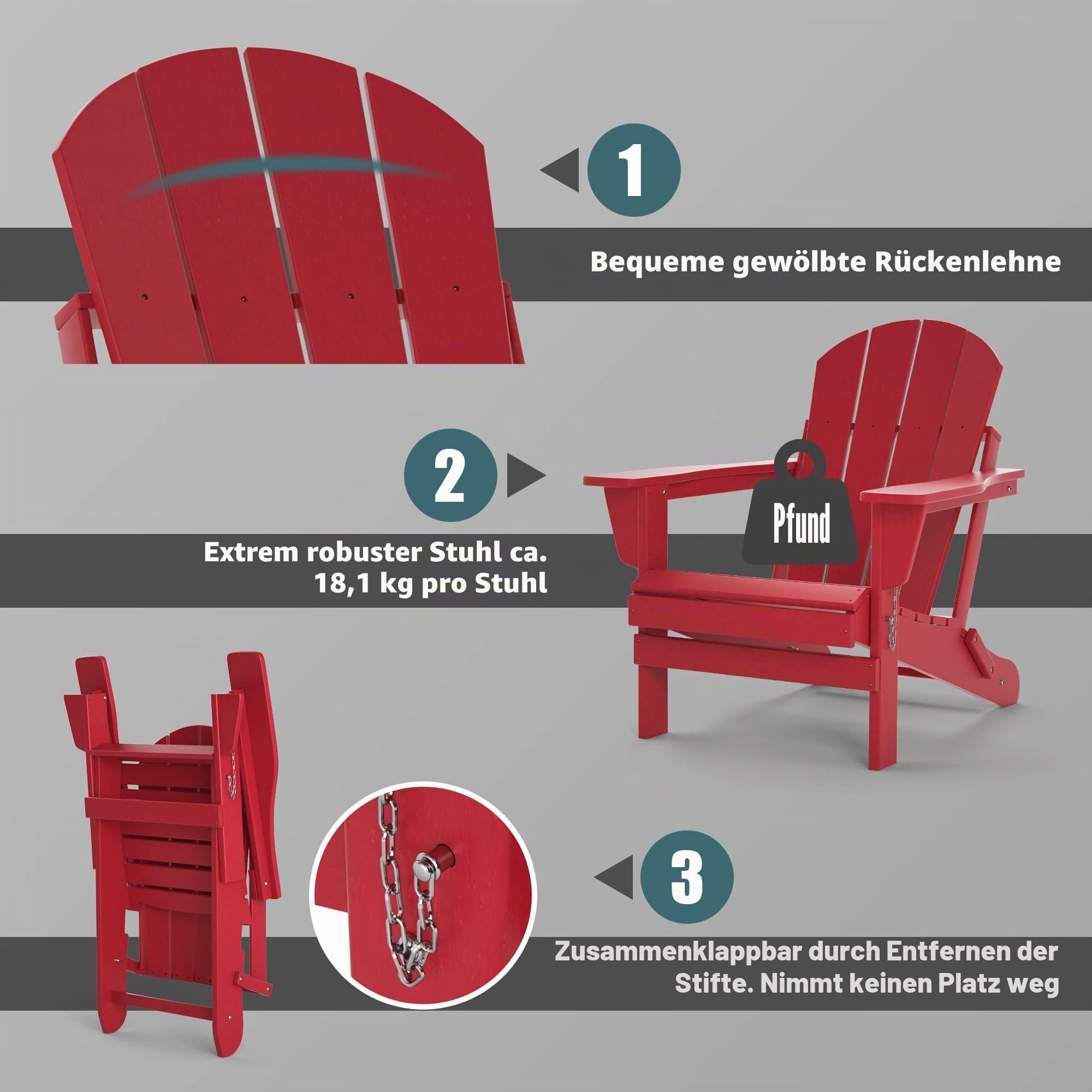 TORVA Adirondack Stuhl aus recyceltem Kunststoff, HDPE, zusammenklappbar, für den Außenbereich, Terrassenstühle, Rasenstuhl, wetterbeständig, Adirondack Stuhl, Rot