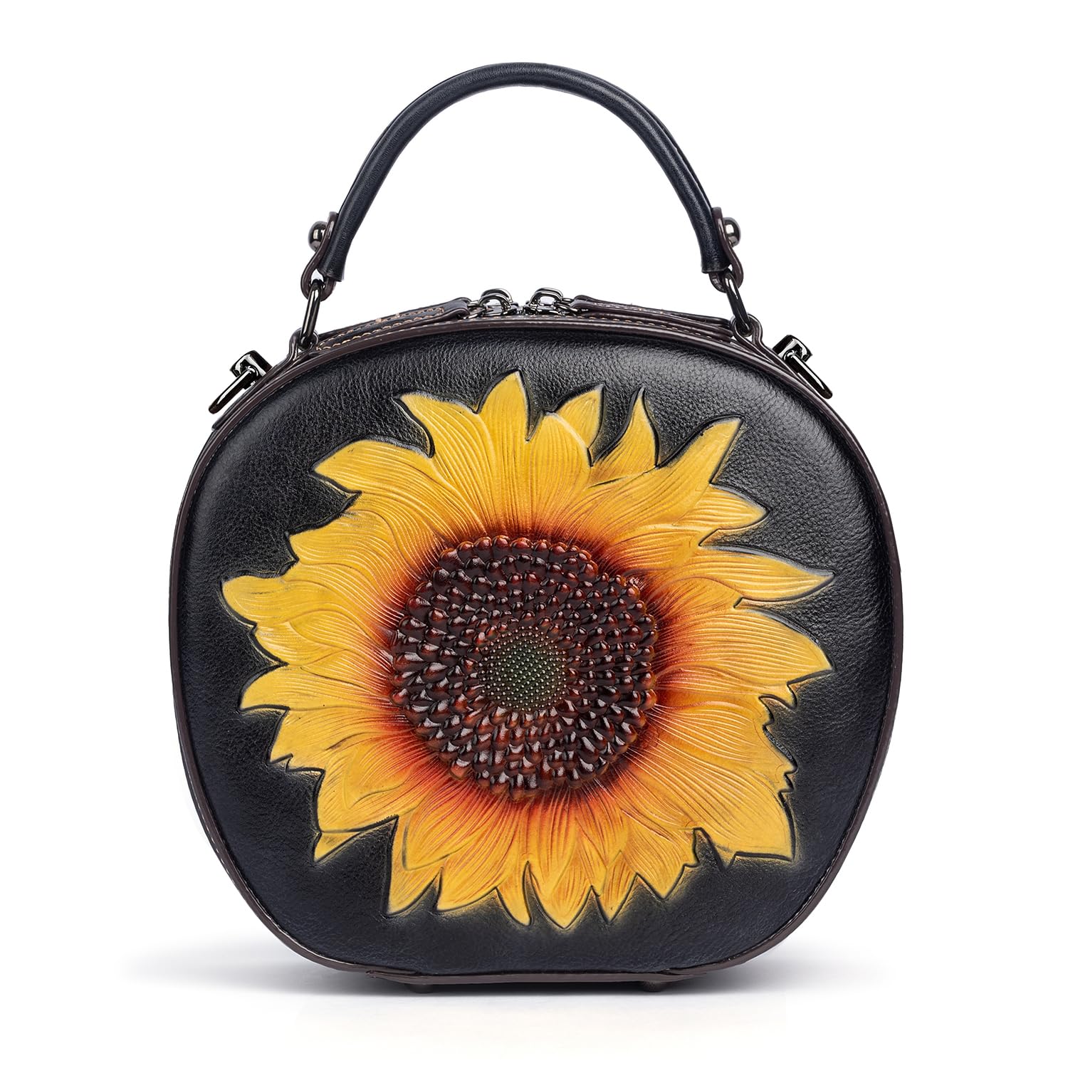 Vintage Genuine Leather Crossbody Bag for Women – Sunflower Embossed Small Handbag for Daily Outings, Dates & City Walks