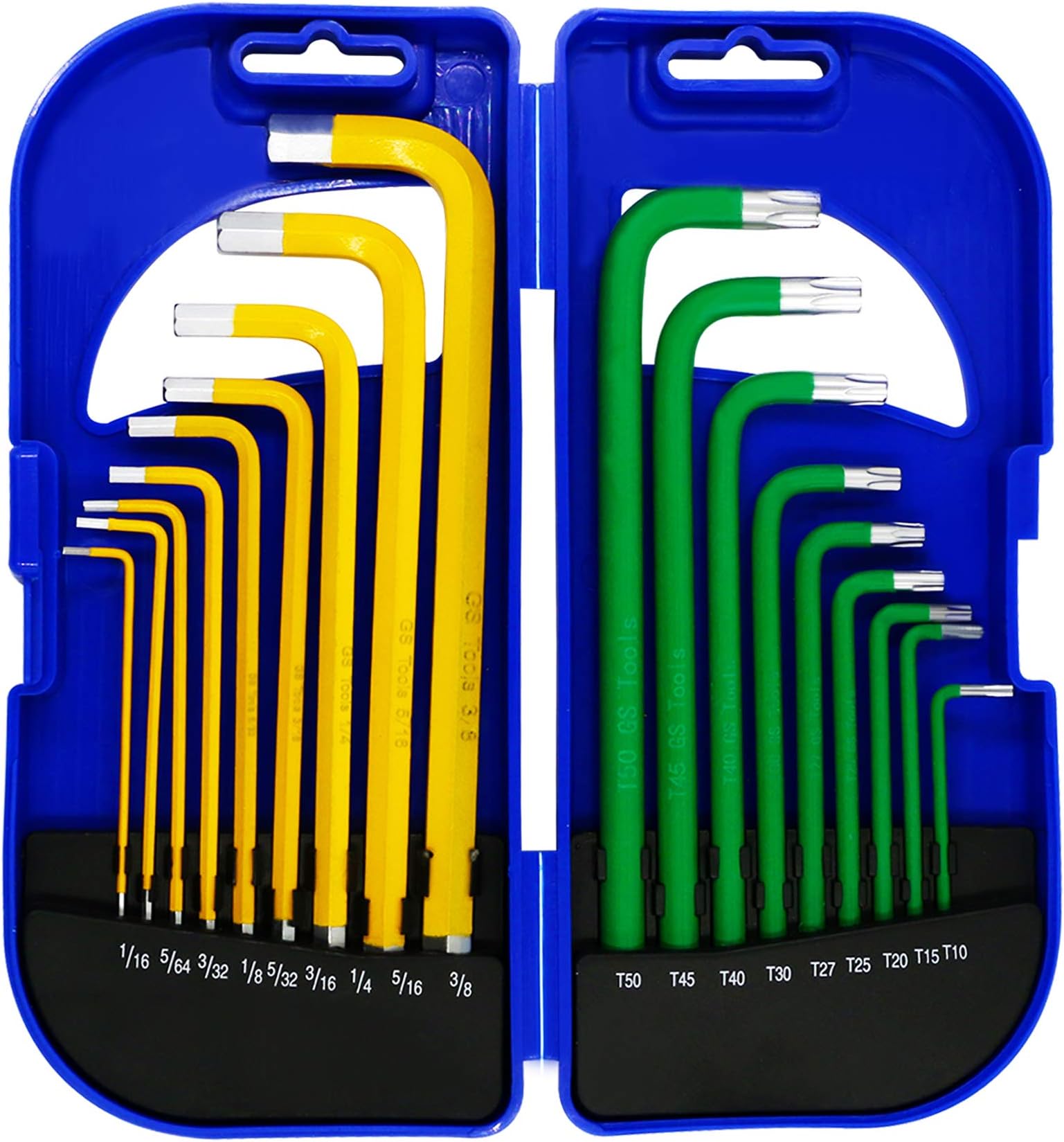 GS Tools Hex Key Allen Wrench Set, Long Arm Ball End Allen Wrench with Hard Case, SAE & Star Key, Chrome Vanadium Steel, 18-Piece | Yellow and Green