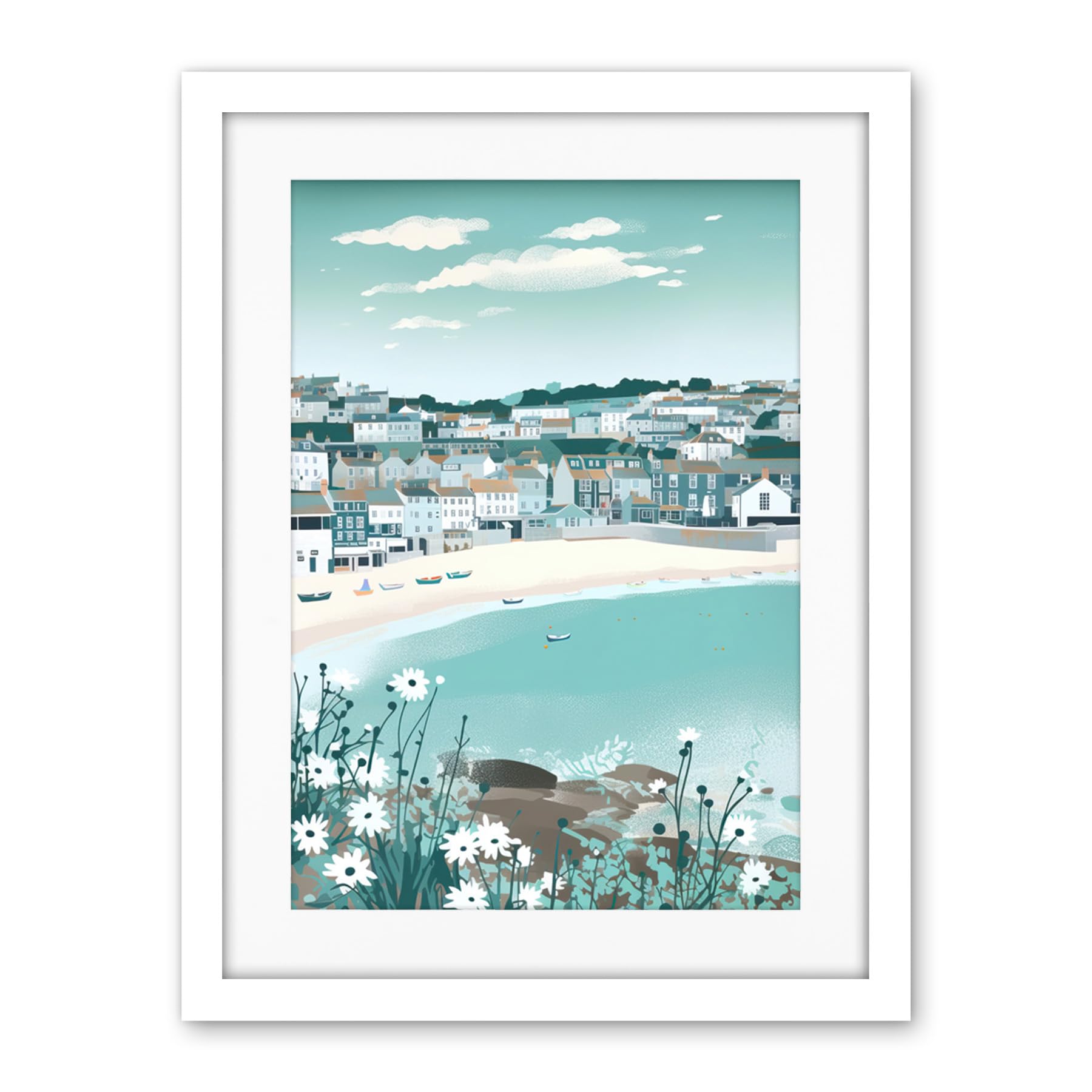 Artery8 St Ives Bay Daisies Soft Pastel Coastal Cityscape Artwork Framed Wall Art Print 18X24 Inch