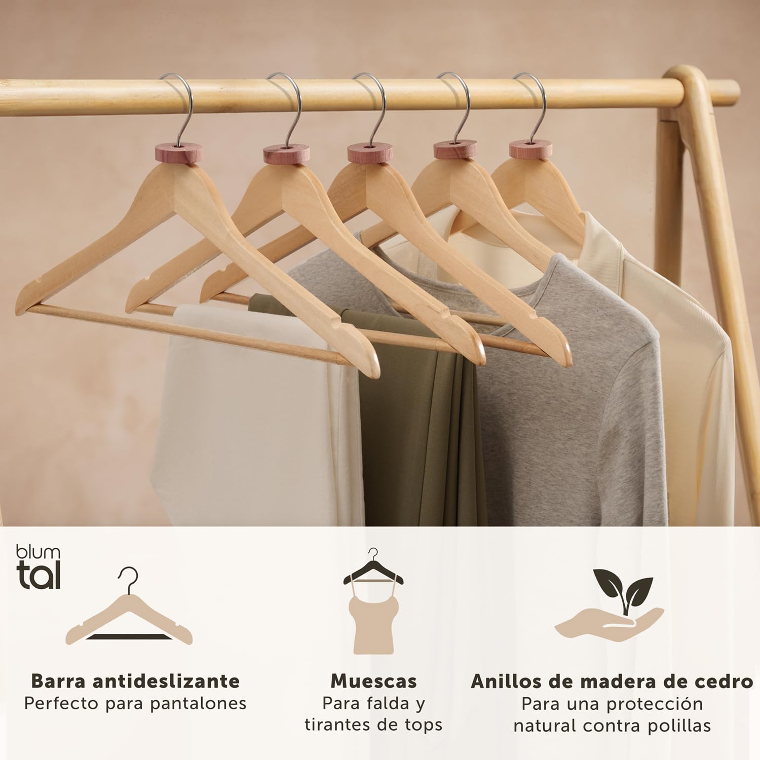 Blumtal Perchas de Madera 50 Unidades – Gancho Giratorio 360°, Barra para Pantalones y Ranuras Antideslizantes – Madera Maciza – Natural