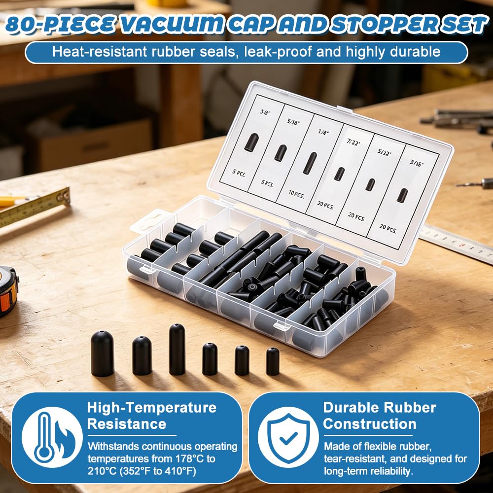 Pasacables de Goma, HOVCEH 80 Piezas Tapones de Goma de Vacío, Rubber Vacuum Cap para Carburadores y Colectores de Admisión, para Automoción: 3/16«, 5/16», 7/32«, 1/4», 5/32« y 3/8»