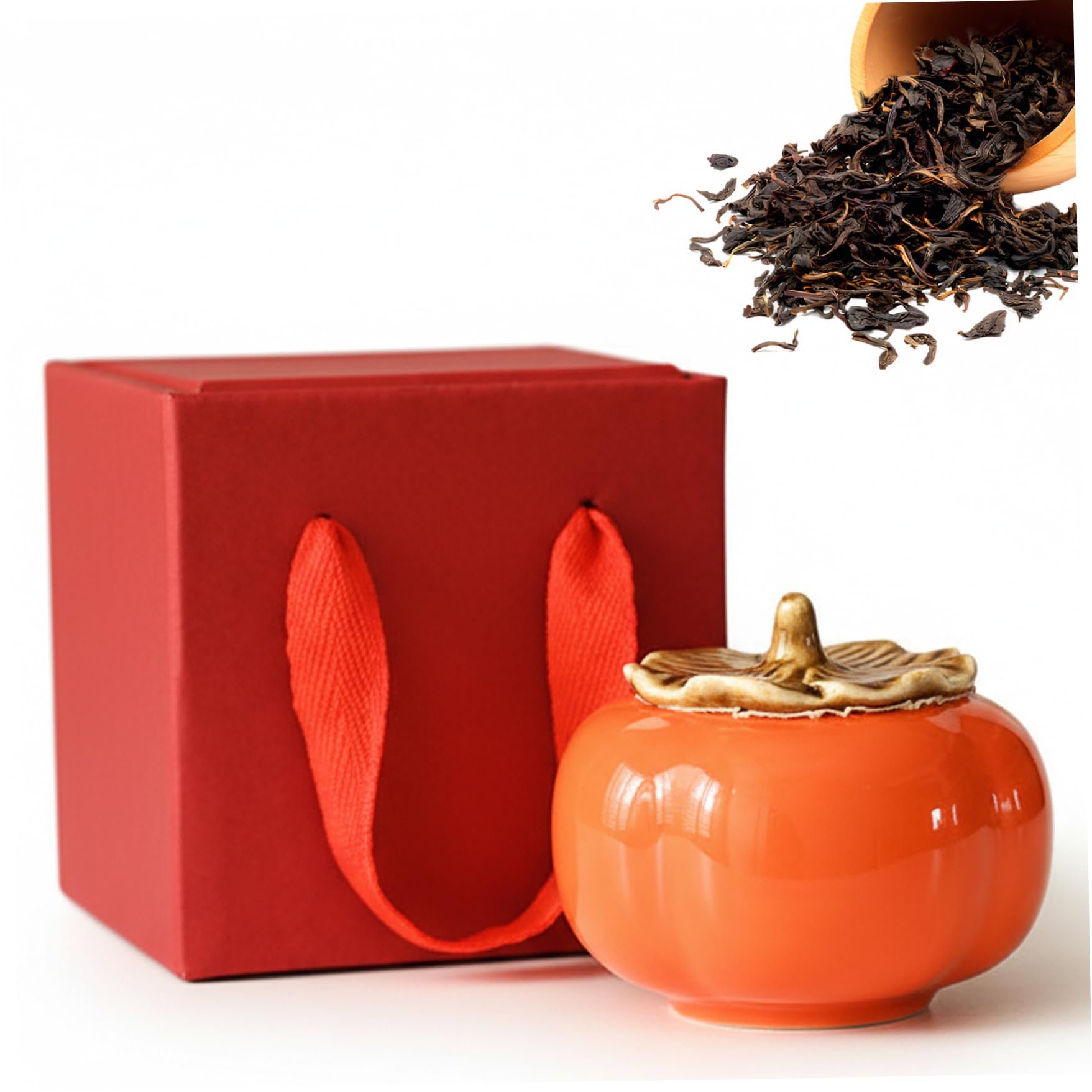 Ginwrek Tea Storage Containers Ceramic Tea Canister Persimmon-Shaped Airtight Loose Leaf Storage Container with Lid for Kitchen Countertop