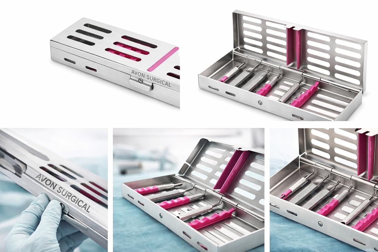 1 Each Dental Sterilization Cassette Rack Tray – Medical Grade Stainless Steel Autoclavable Organizer Box for 5 Dental Instruments with Silicone Pink Holders & Locking Lid