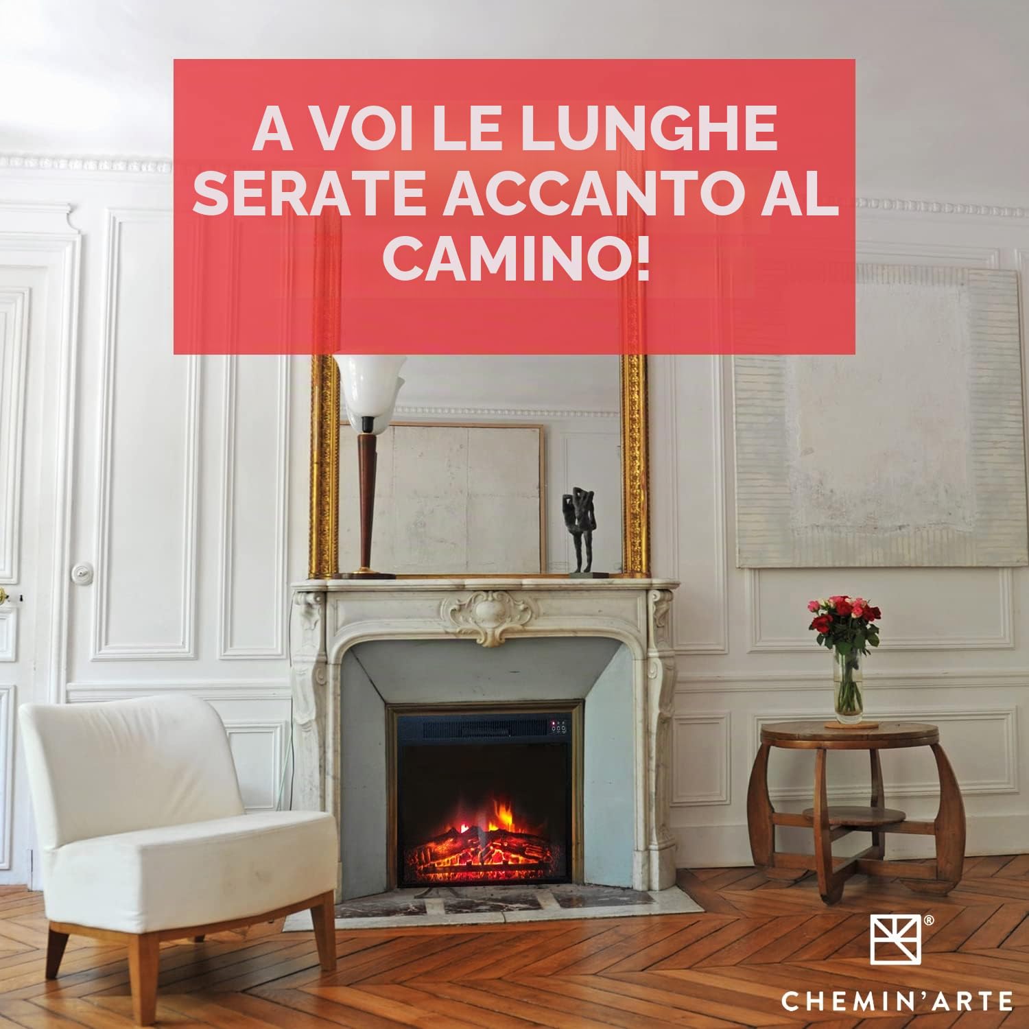 CHEMIN'ARTE Inserto elettrico caminetto OXFORD, 2000W, Nero, 61x20x44 cm - camino elettrico da incasso con luce LED, effetto della fiamma, colore nero