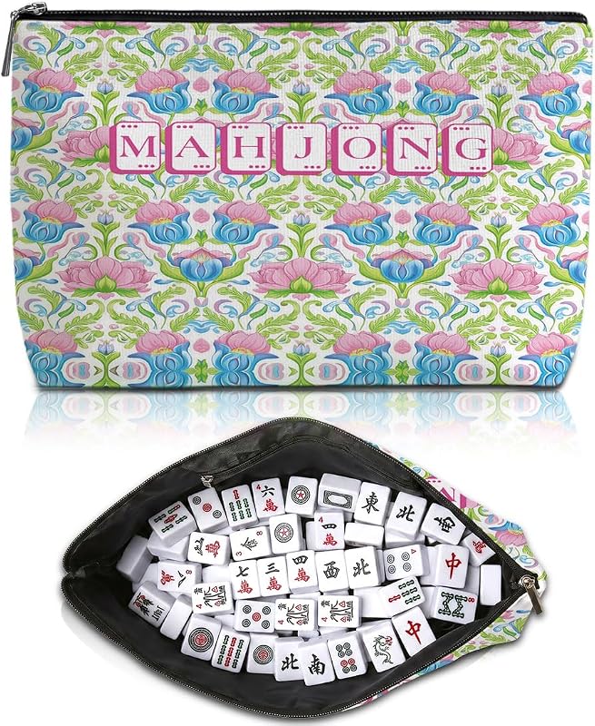 Bolsa para peças de Mahjong Blue Leaves Pink Tulip com zíper, 20,07 cm x 10,41 cm x 18,8 cm
