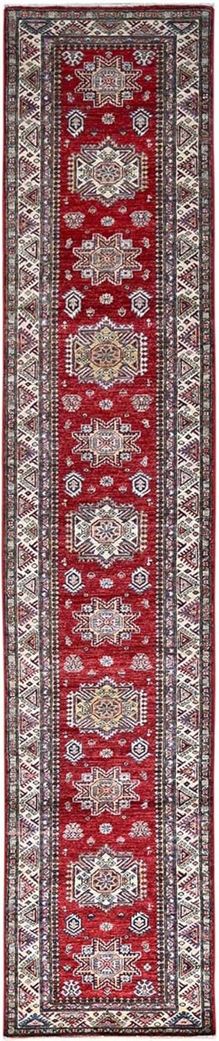 Red Afghan Super Kazak Soft Wool Hand Knotted Runner Oriental Rug (2'7"x13'2")