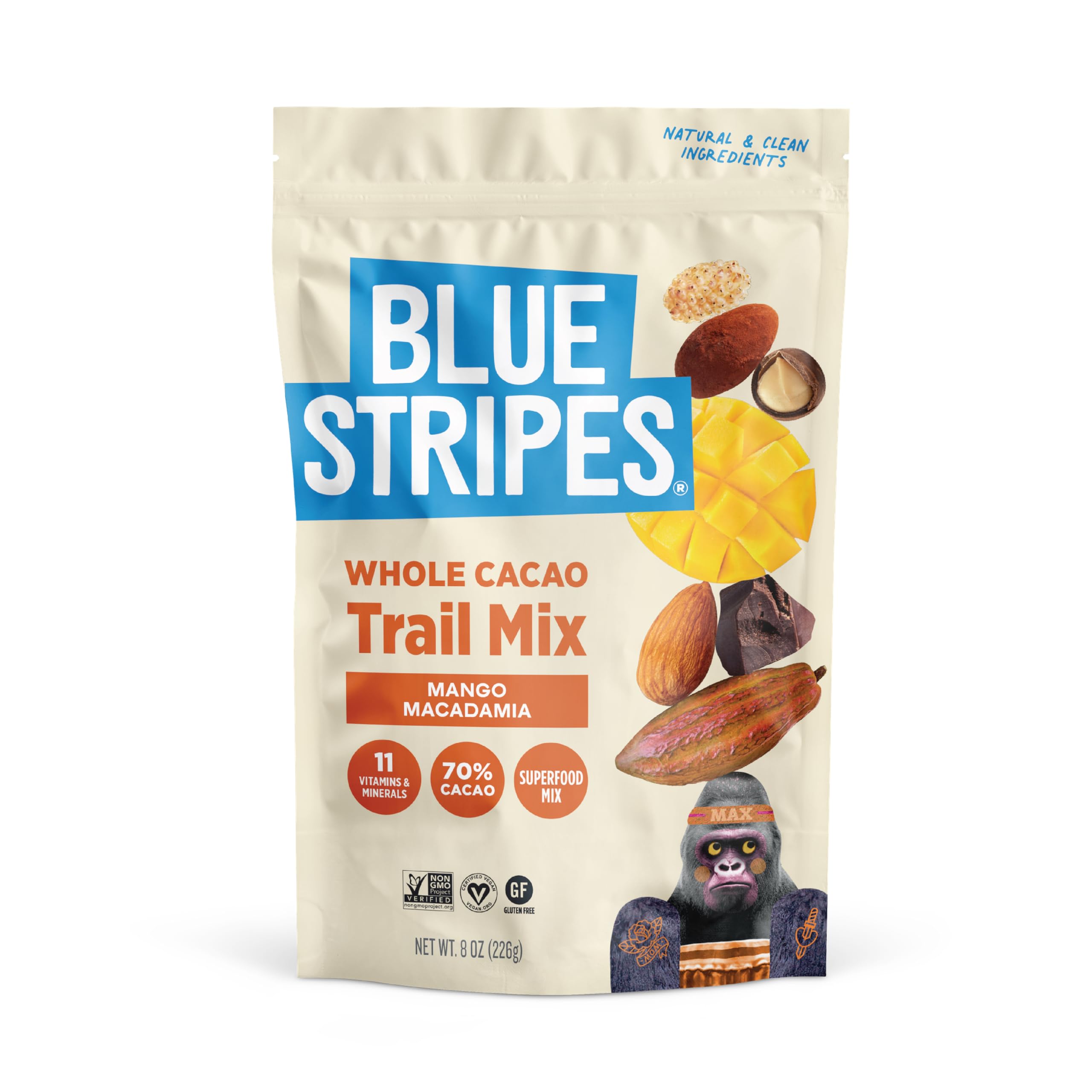 Blue Stripes - Trail Mix, 70% Chocolate Chips, Almonds, Macadamia Nuts, Mango, Healthy Snacks for Adults, Whole 70% Cacao, With Unrefined Sugar, Non GMO, Gluten Free, Vegan, 8 oz