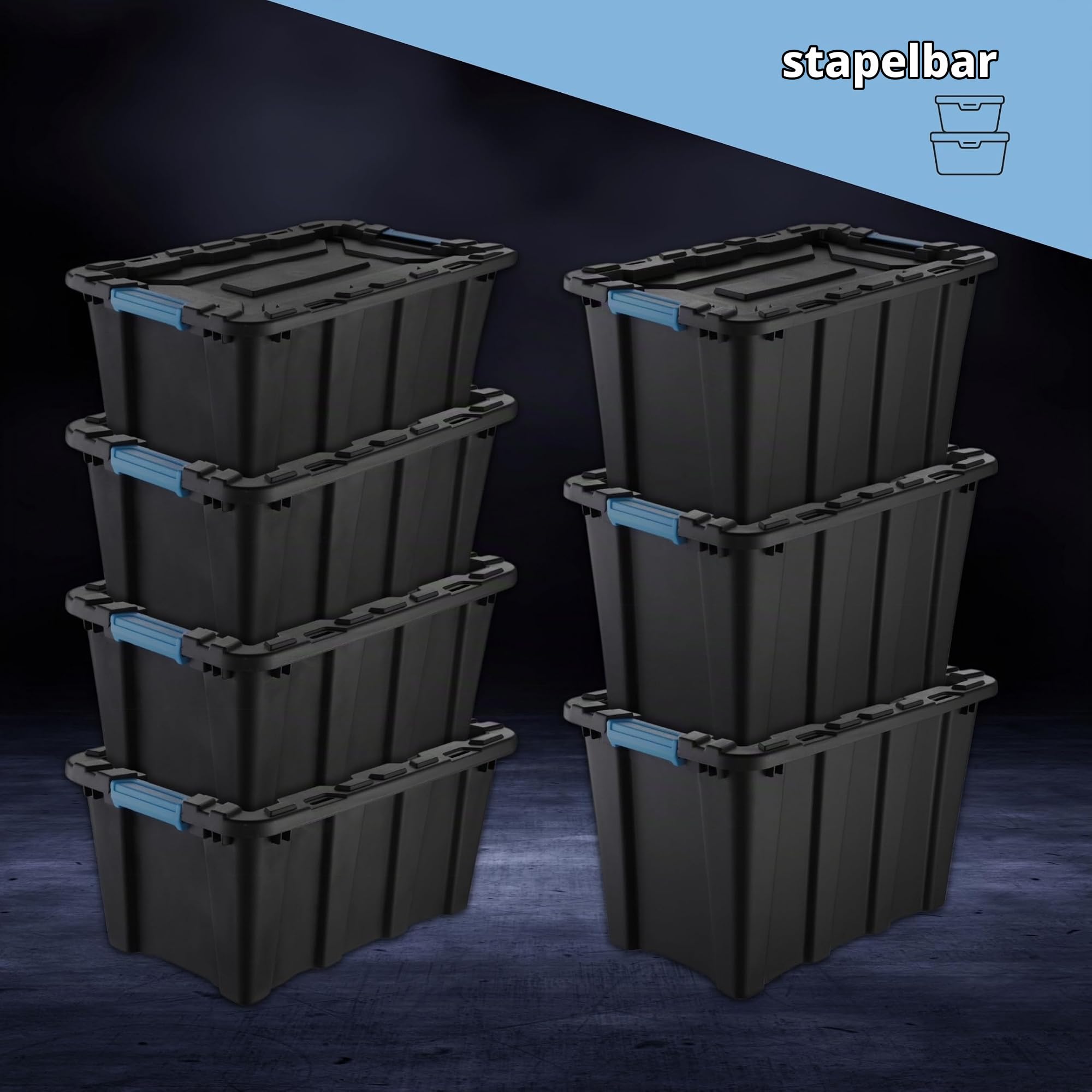 IDEA HOME TechBox HD 40L Aufbewahrungsbox mit Deckel – Schwerlast-Stapelbox, Werkzeugkiste, Organizer-Box aus robustem Kunststoff in Schwarz, Set mit 5 Stück