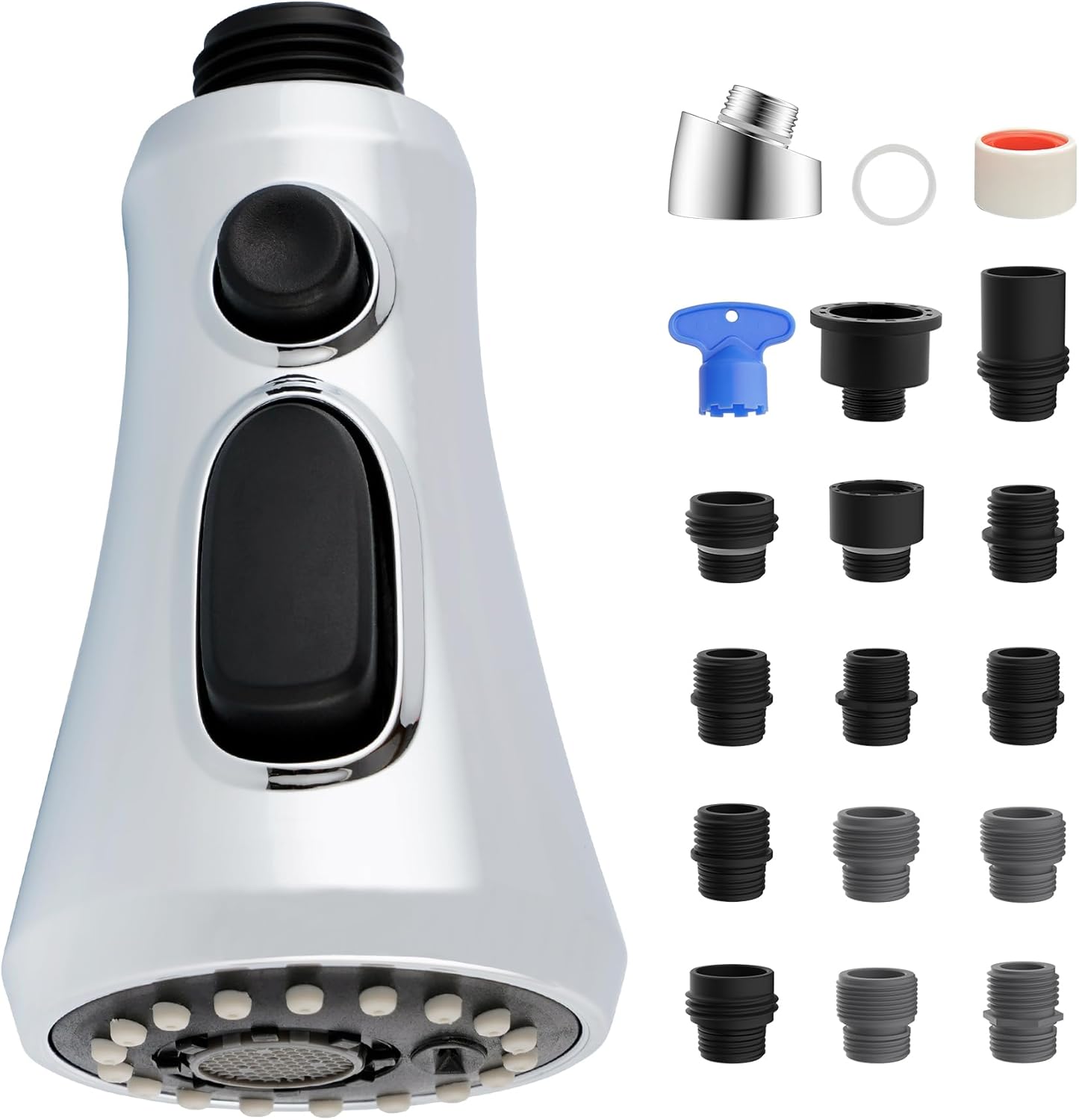 iFealClear Universal Pull Down Kitchen Faucet Head Replacement, 3 Function Anti-Splashing Faucet Head for Kitchen Sink, Kitchen Faucet Head Replacement Female Thread with 15 Adapters, Brushed Nickel