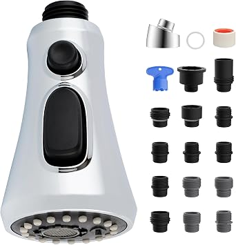 Universal Pull-Down Kitchen Faucet Sprayer Head 3-Mode, 15 Adapters, Chrome