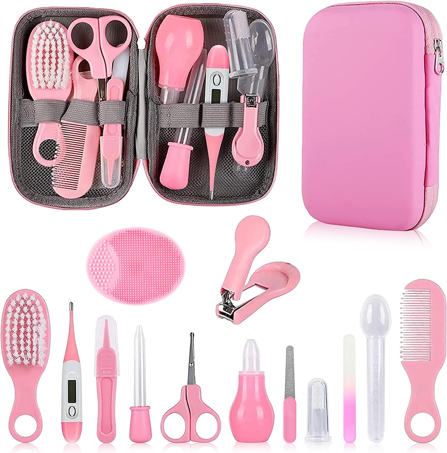 Baby Grooming Kit, Infant Safety Care Set with Hair Brush Comb Nail Clipper Nasal Aspirator Ear Cleaner,Baby Essentials Kit for Newborn Girls Boys (Pink Baby Grooming kit)