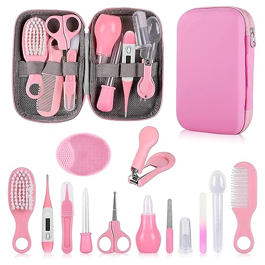 Baby Grooming Kit, Infant Safety Care Set with Hair Brush Comb Nail Clipper Nasal Aspirator,Baby Essentials Kit for Newborn Girls Boys (Pink Baby Grooming kit)